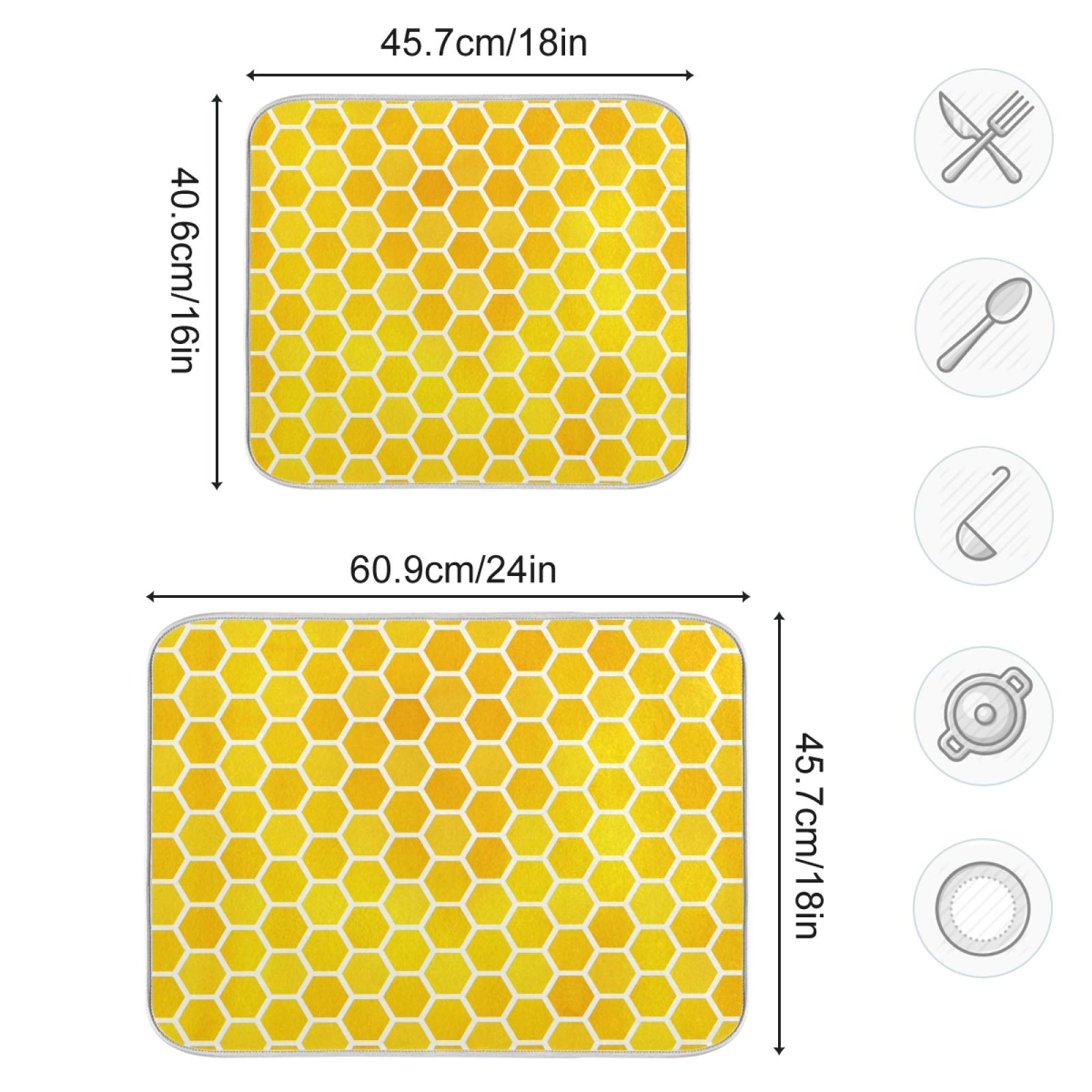 Hexagon Honeycomb Dish Drying Mat - 18x16 Inch Absorbent Microfiber Kitchen Counter Pad | Non-Slip Reversible Bottle & Dish Drainer Mat in Yellow & Orange Gradient | Perfect for Drying Dishes, Utensils & Glassware