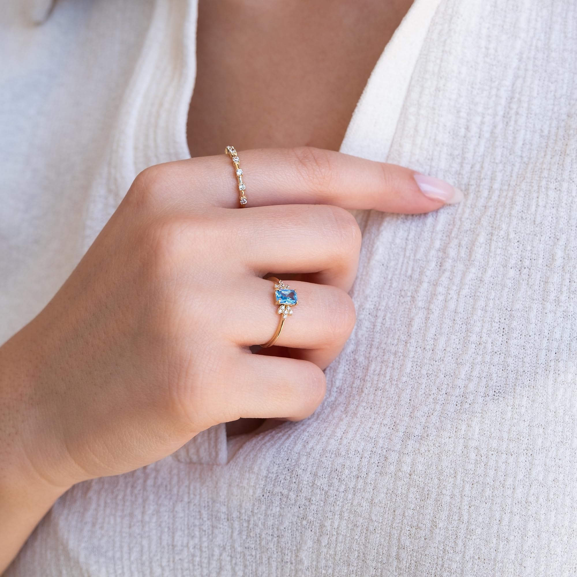 14K Solid Gold Blue Topaz Flower Ring – Emerald Cut Floral Engagement & Birthstone Ring in Yellow, Rose, White Gold | Perfect for Weddings, Anniversaries & Special Occasions