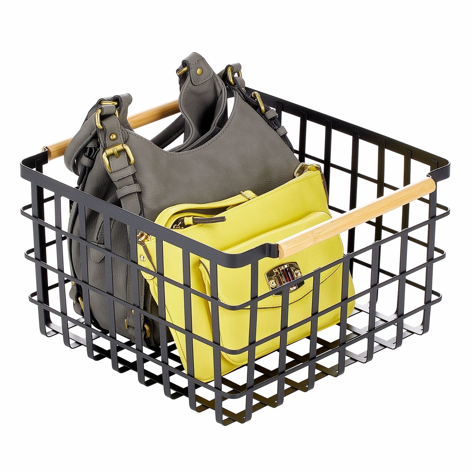 Metal Wire Storage Basket with Bamboo Handles - Square Organizer for Closet, Shelves, Linens, Blankets & Accessories | Yami Collection in Matte Black/Natural | Perfect for Bedroom, Bathroom & Entryway Organization