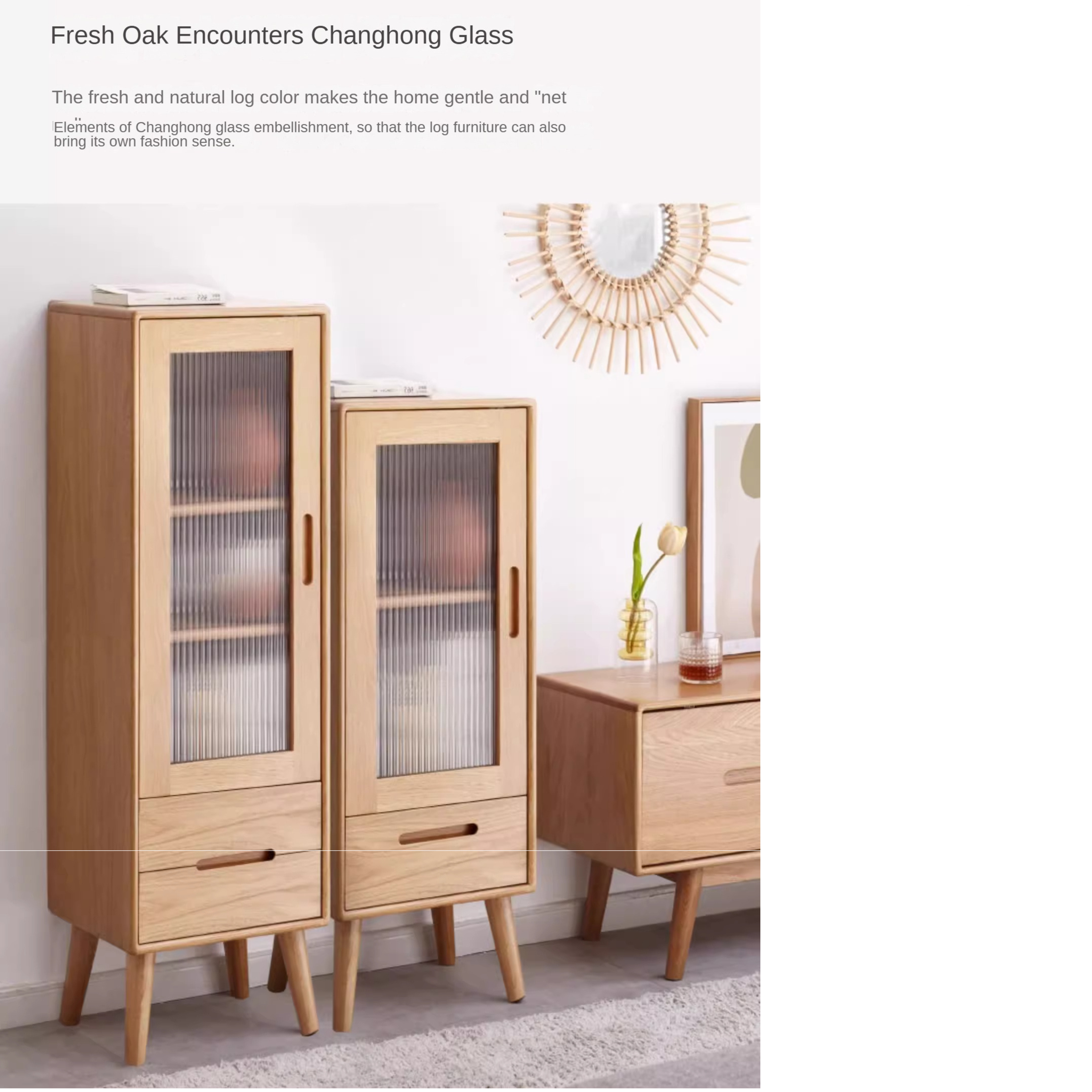 Solid Oak Wood Glass Door Display Cabinet - Stylish Storage for Living Room, Bedroom, or Office