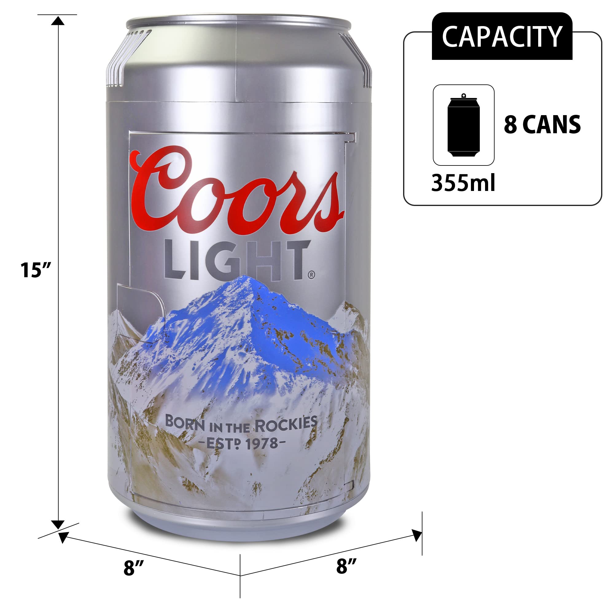 Coors Light 8 Can Portable Mini Fridge - 5.4L (5.7 qt) Beer Can Shaped Cooler with 12V DC & 110V AC Power - Compact Refrigerator for Beer, Soda, Snacks & Drinks - Perfect for Home, Office, Dorm, RV, Travel & Outdoor Activities