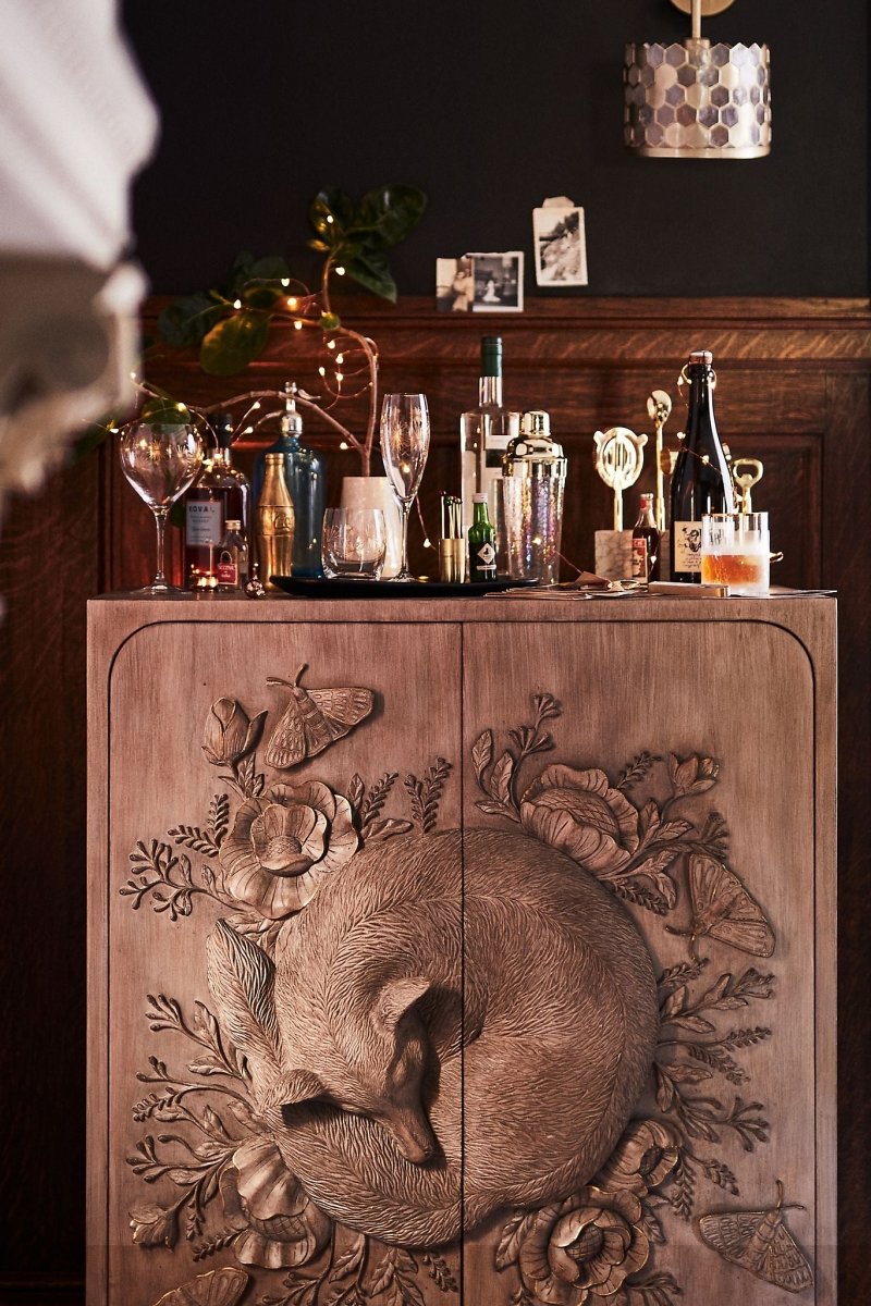 Hand Carved Wooden Bar Cabinet with Fox Design - Taupe Finish | Rustic Home Bar Furniture for Living Room, Dining Room & Man Cave Decor