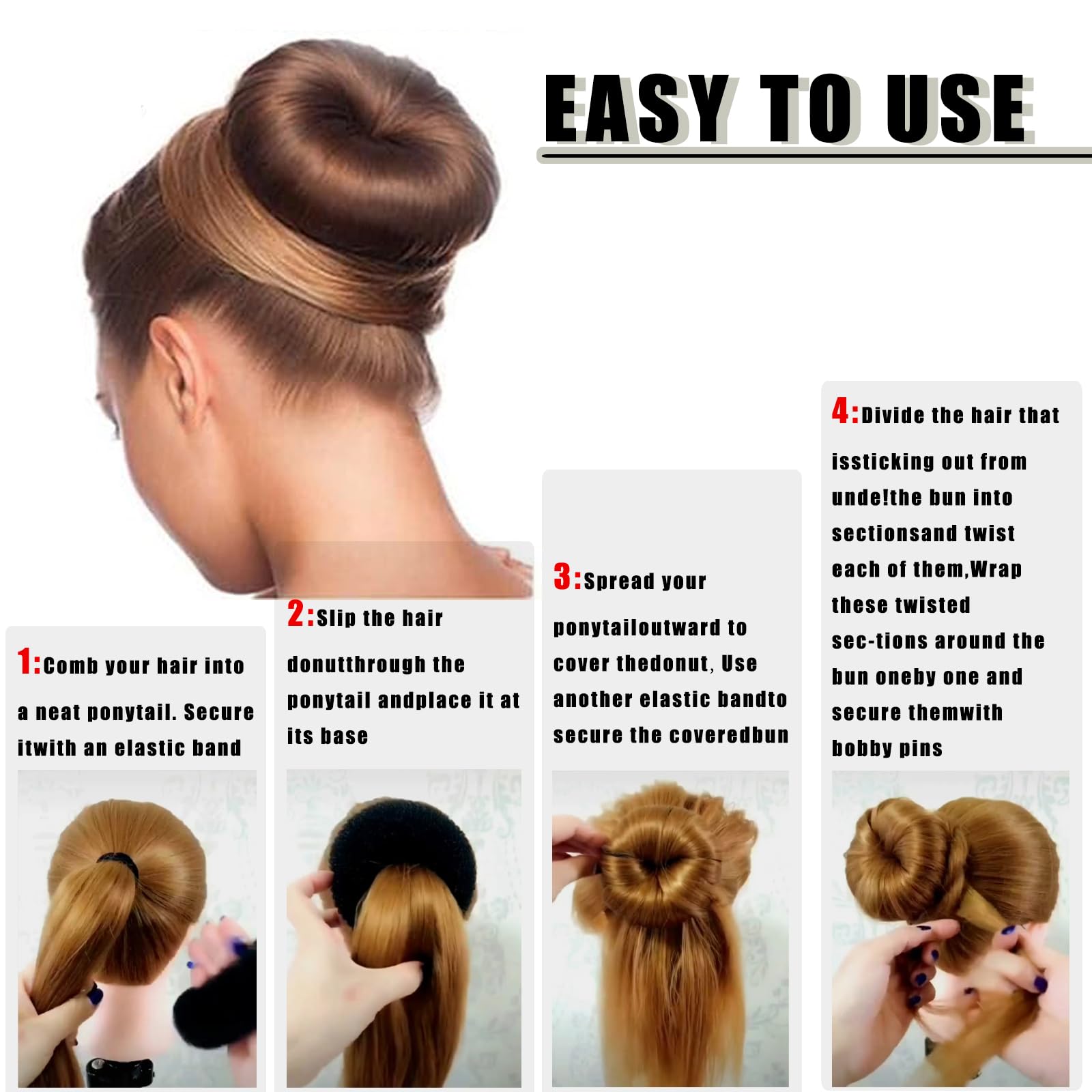 10 Pcs Hair Bun Maker Set - Donut Bun Maker for Women & Kids (5 Medium & 5 Small) with Elastic Hair Ties & Hair Pins - Perfect for Ballet, Dance, Work & Everyday Hairstyles (Black)