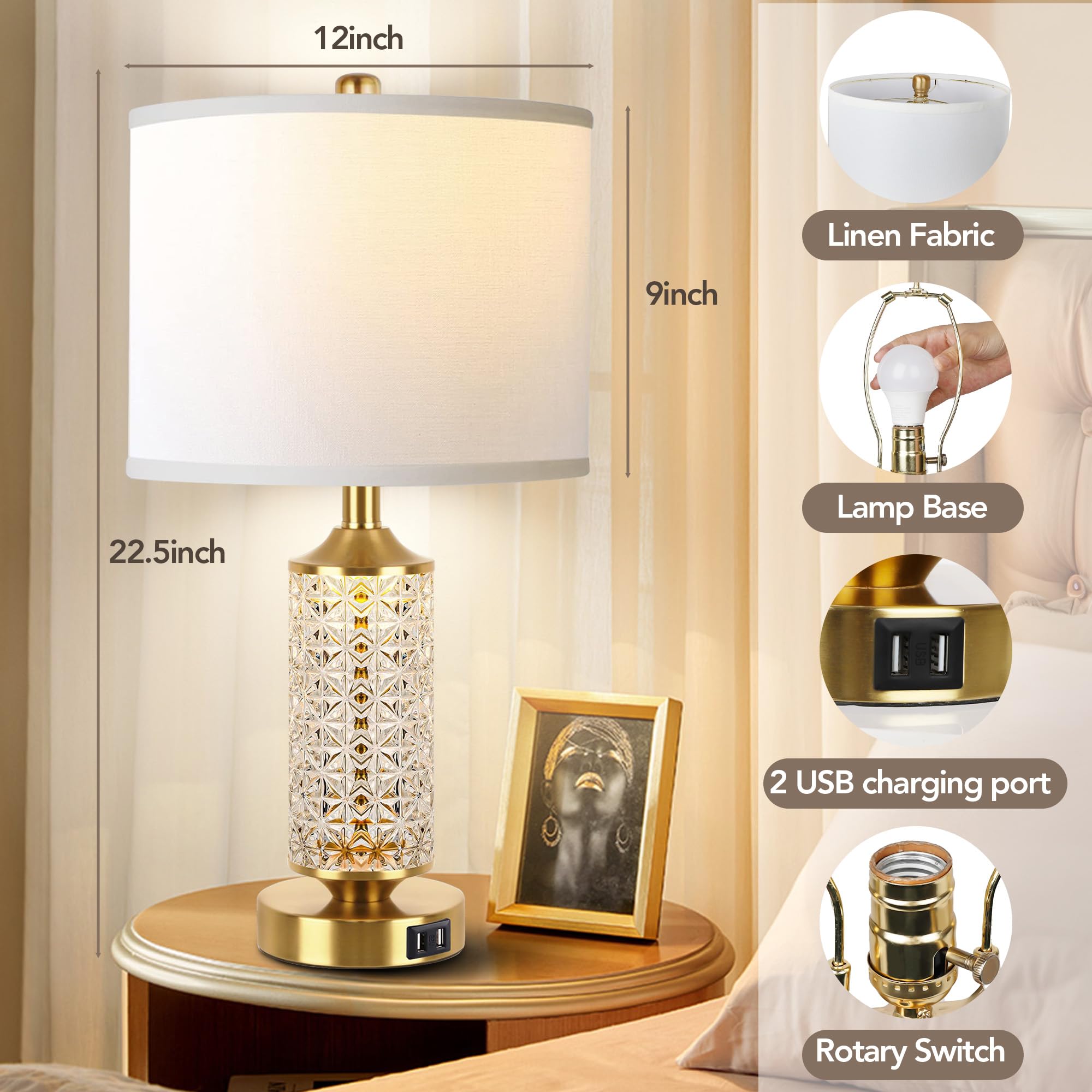 QiMH Set of 2 Modern USB Table Lamps with LED Night Light - Gold Bedside Lamps for Bedroom, Nightstand & Office - Includes 2 Bulbs - Perfect for Reading, Working & Creating Cozy Atmosphere