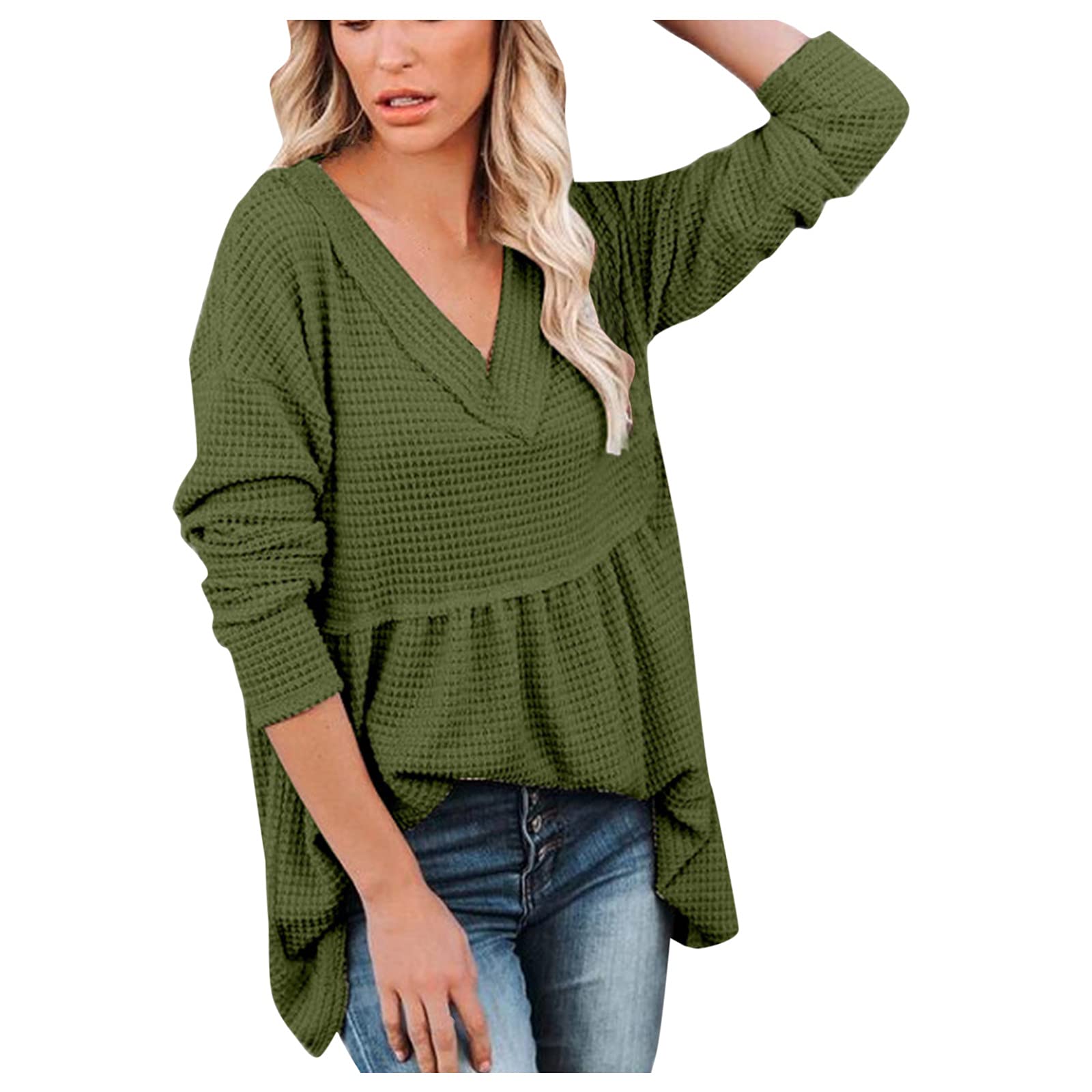 Women's Loose Fit V-Neck Long Sleeve Blouse - Breathable Summer T-Shirt Top with Stitching Detail for Casual Wear, Office & Outdoor Activities
