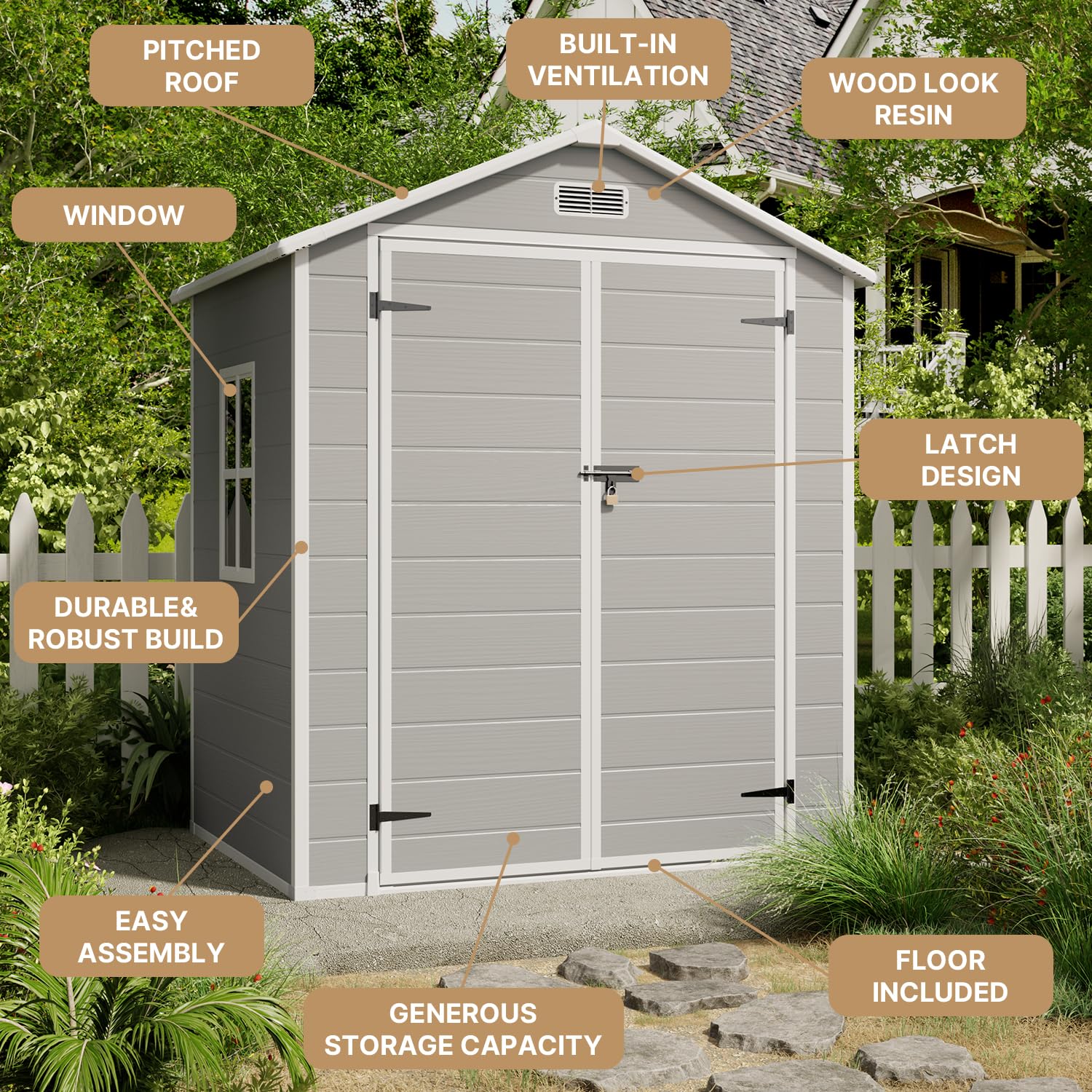 Gizoon 6x4 FT Outdoor Storage Shed - Durable Resin Garden Shed with Lockable Door & Floor - Perfect for Patio, Backyard, Lawn & Pool Storage (Gray) - Ideal for Storing Tools, Pool Supplies & Seasonal Items