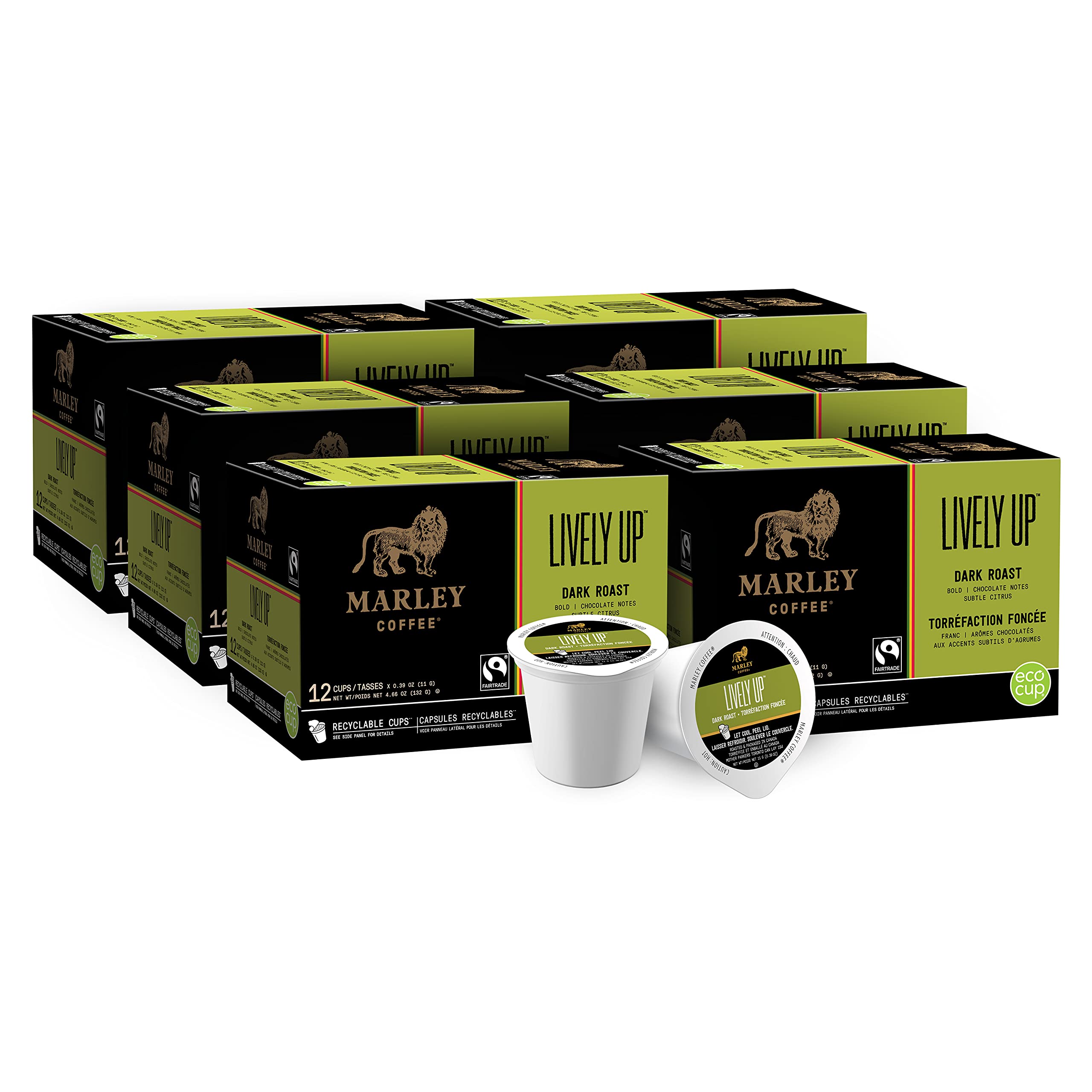 Marley Coffee Lively Up Dark Roast - Fair Trade Certified K-Cup Pods for Keurig Brewers, 72 Count (6 Packs of 12) - Bold & Smooth Coffee for Home, Office or Gifting