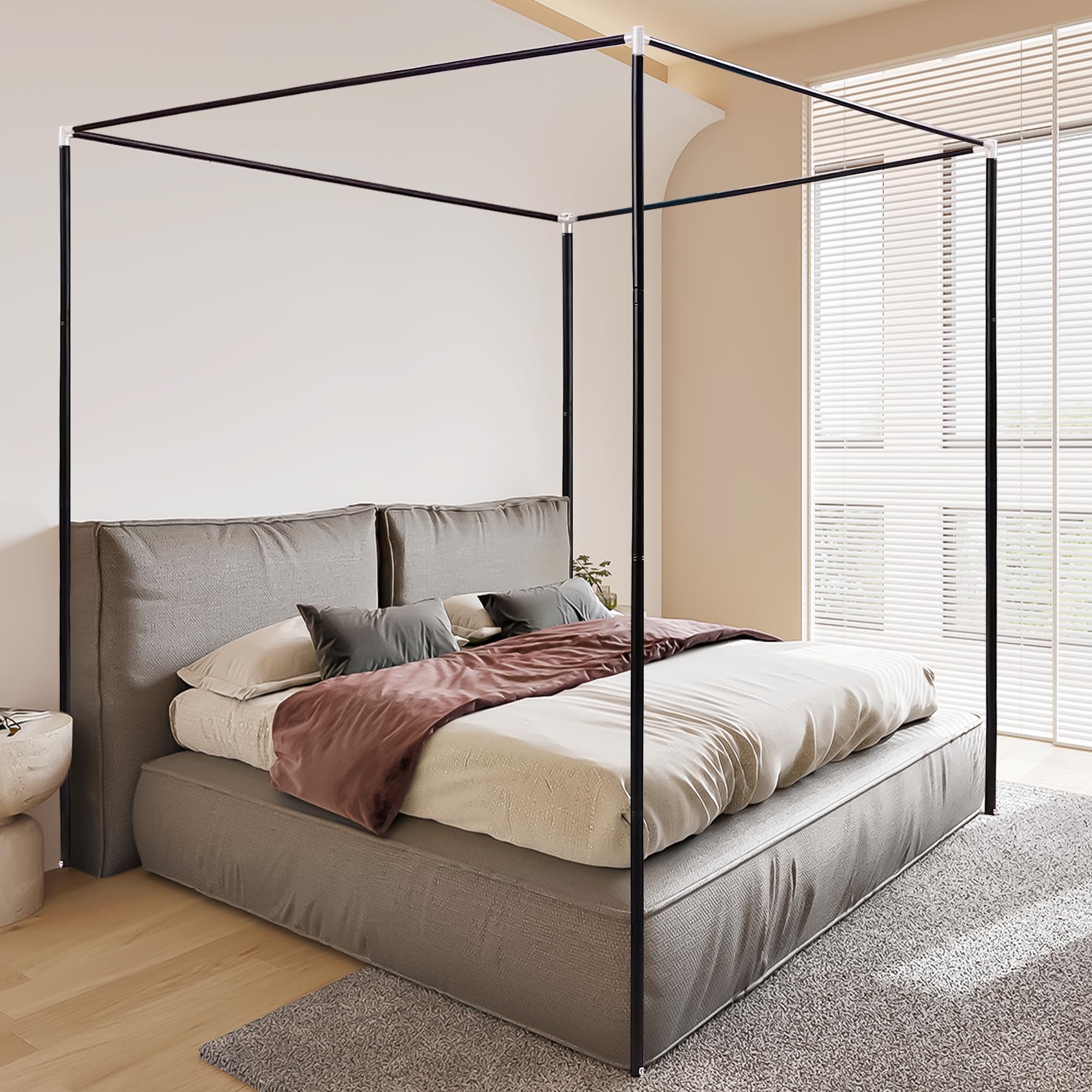 Stainless Steel Full Size Canopy Bed Frame - Heavy Duty Metal Bed Frame with Sturdy Thickened Posts for Wood/Metal Beds - Elegant Black Bedroom Decor for Master Bedrooms, Guest Rooms & Dormitories