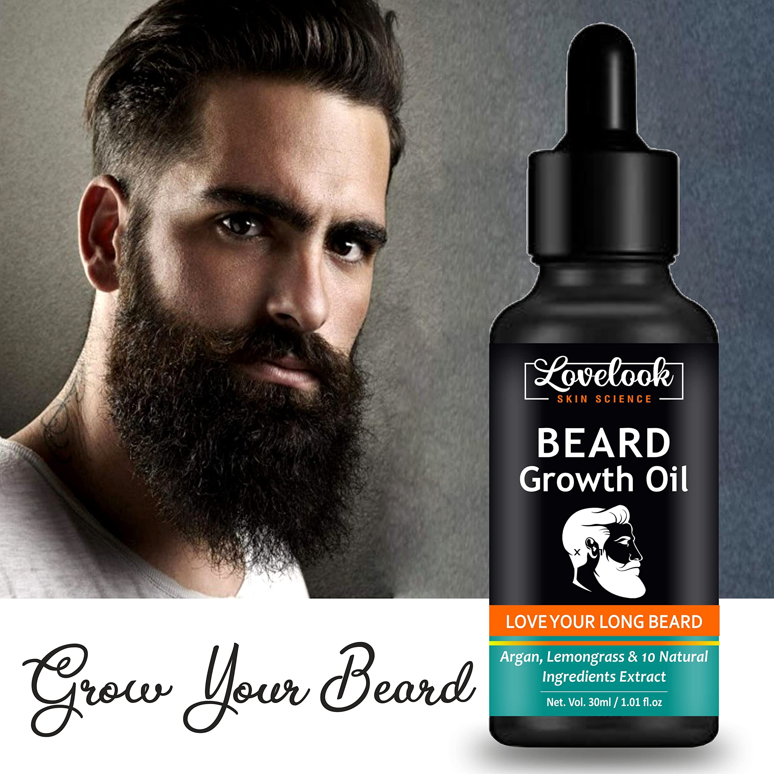 Lovelook Beard Growth Oil with Argan & Lemongrass - 10 Natural Extracts for Thicker Facial Hair (30ml) - Perfect for Daily Grooming & Styling