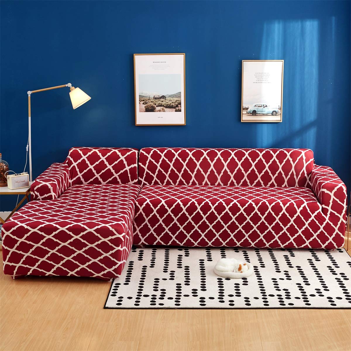 Stretchable L-Shaped Sectional Sofa Cover 2-Piece Set - Pet & Kid Proof Furniture Protector Slipcover for L-Shaped Couches - Wine Red (3+3 Seater) - Perfect for Living Room, Family Room & Pet-Friendly Homes