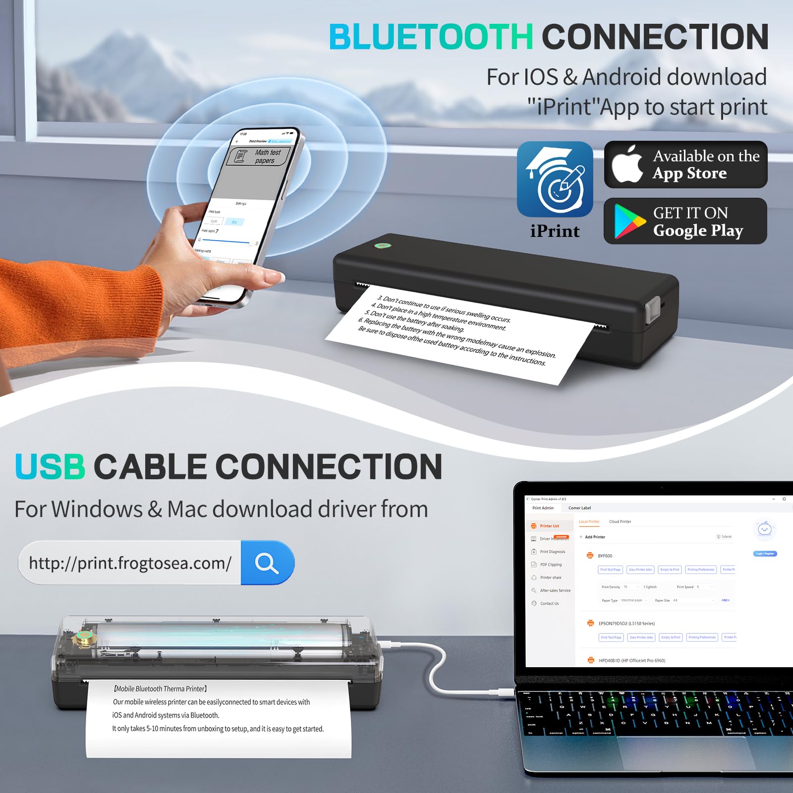 Wireless Bluetooth Thermal Printer - Portable Inkless Printer for Travel & Home, Compatible with Phone, Laptop & Tablet, Supports 8.5