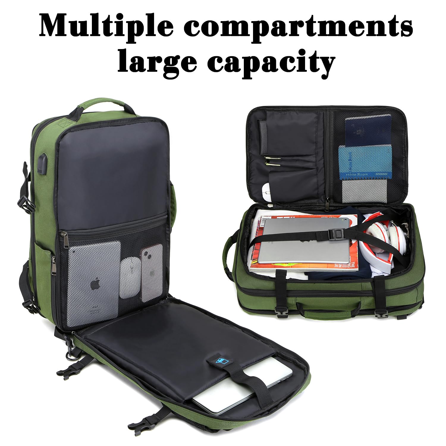 TUGUAN 17 Inch Expandable Laptop Backpack 36L with USB Charging Port, Green Business Computer Backpack for Men & Women, Durable Work & Commuting Backpack for Office, School, and Travel