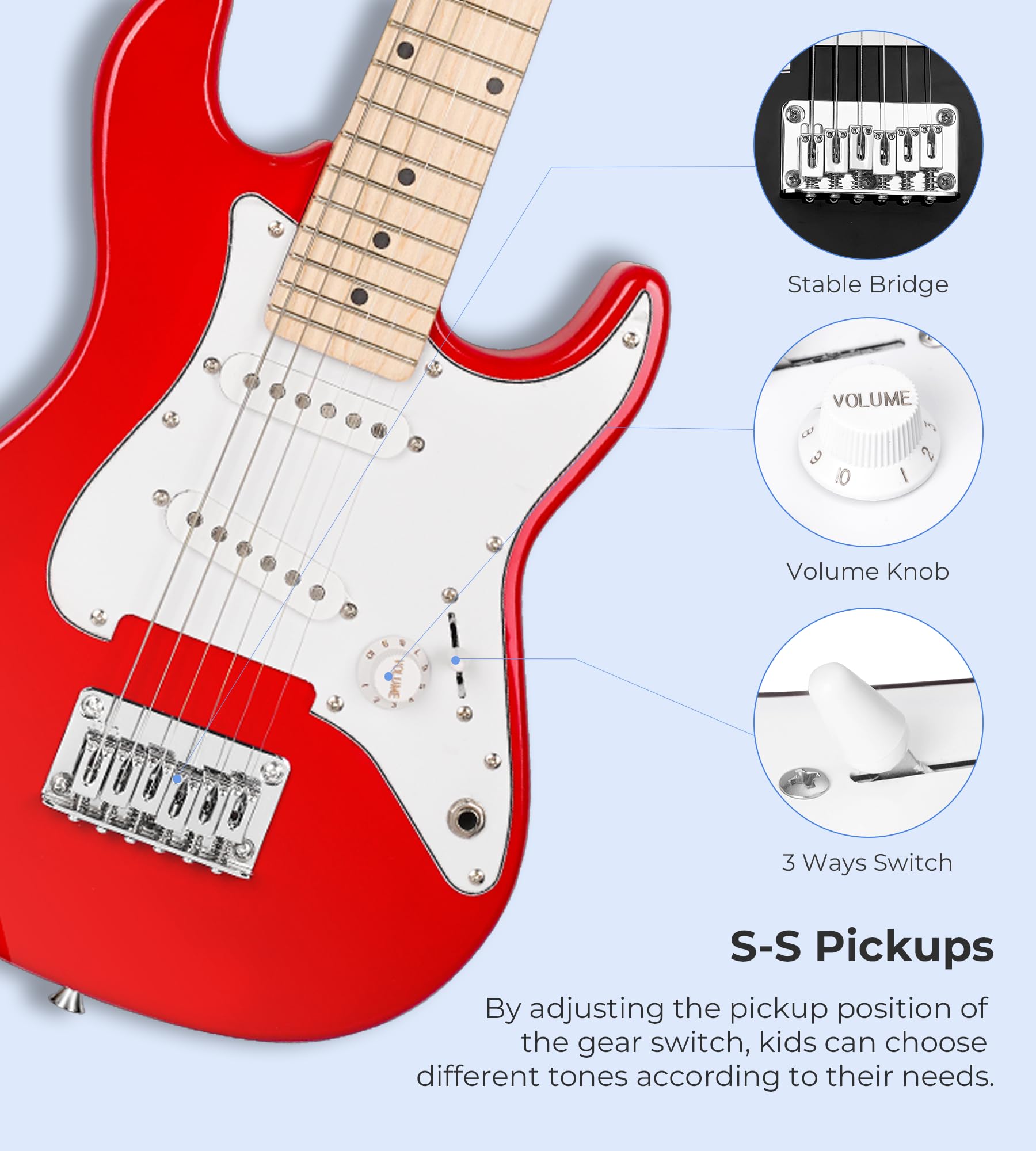 Vangoa 30 Inch Kids Electric Guitar Beginner Kit with Amp, Bag, Strap, Strings, Capo, Tuner, Picks & Cable - Perfect for Boys & Girls Learning Guitar (Red) - Ideal for Home Practice, Music Lessons & Rockstar Performances