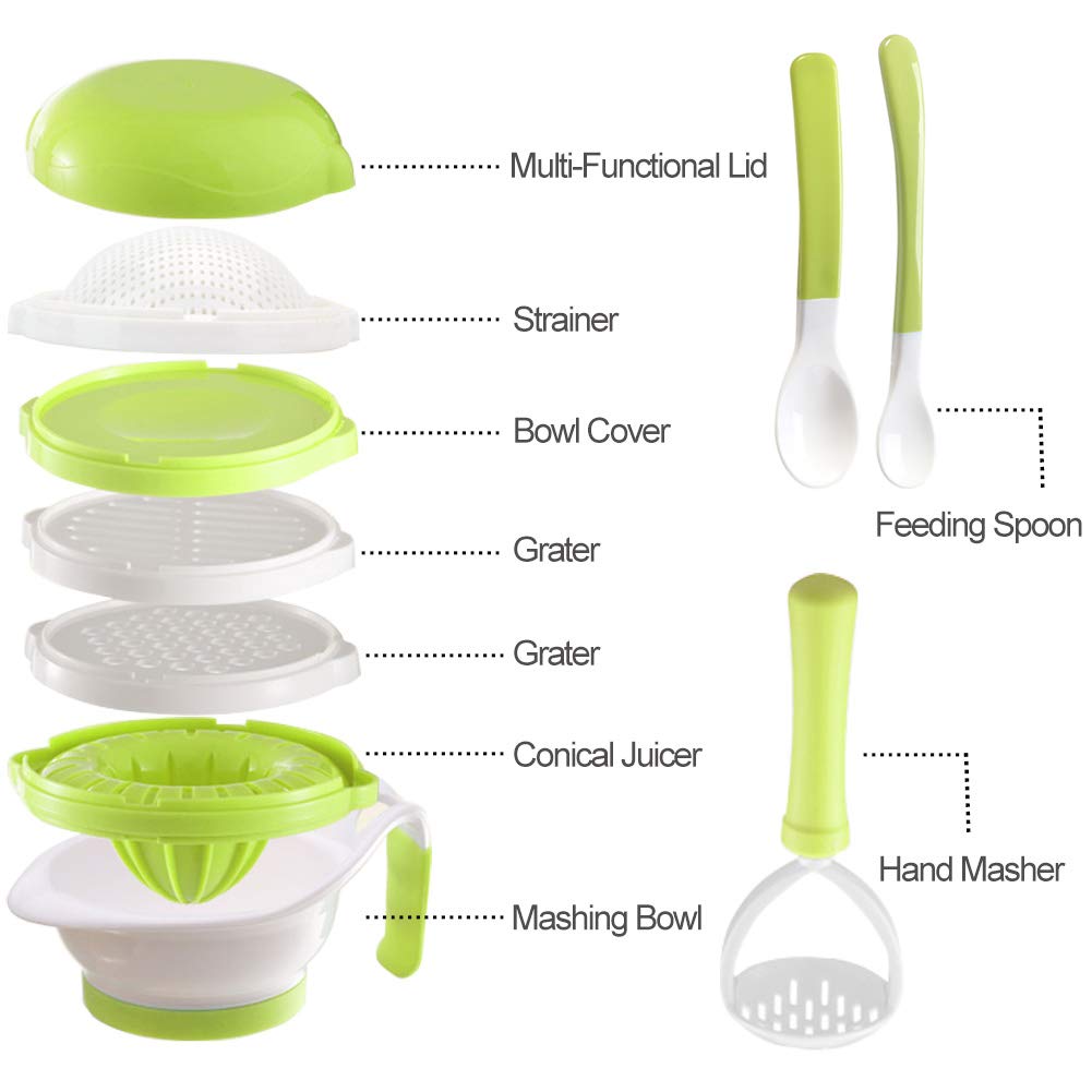 Matyz Versatile Baby Food Maker Set - BPA-Free Toddler Food Processor with Mash Bowl, Hand Masher, Citrus Juicer & Grater - Homemade Baby Food Maker for Fruits & Vegetables - Perfect for Purees, Juicing & Meal Prep (Matyz Green)