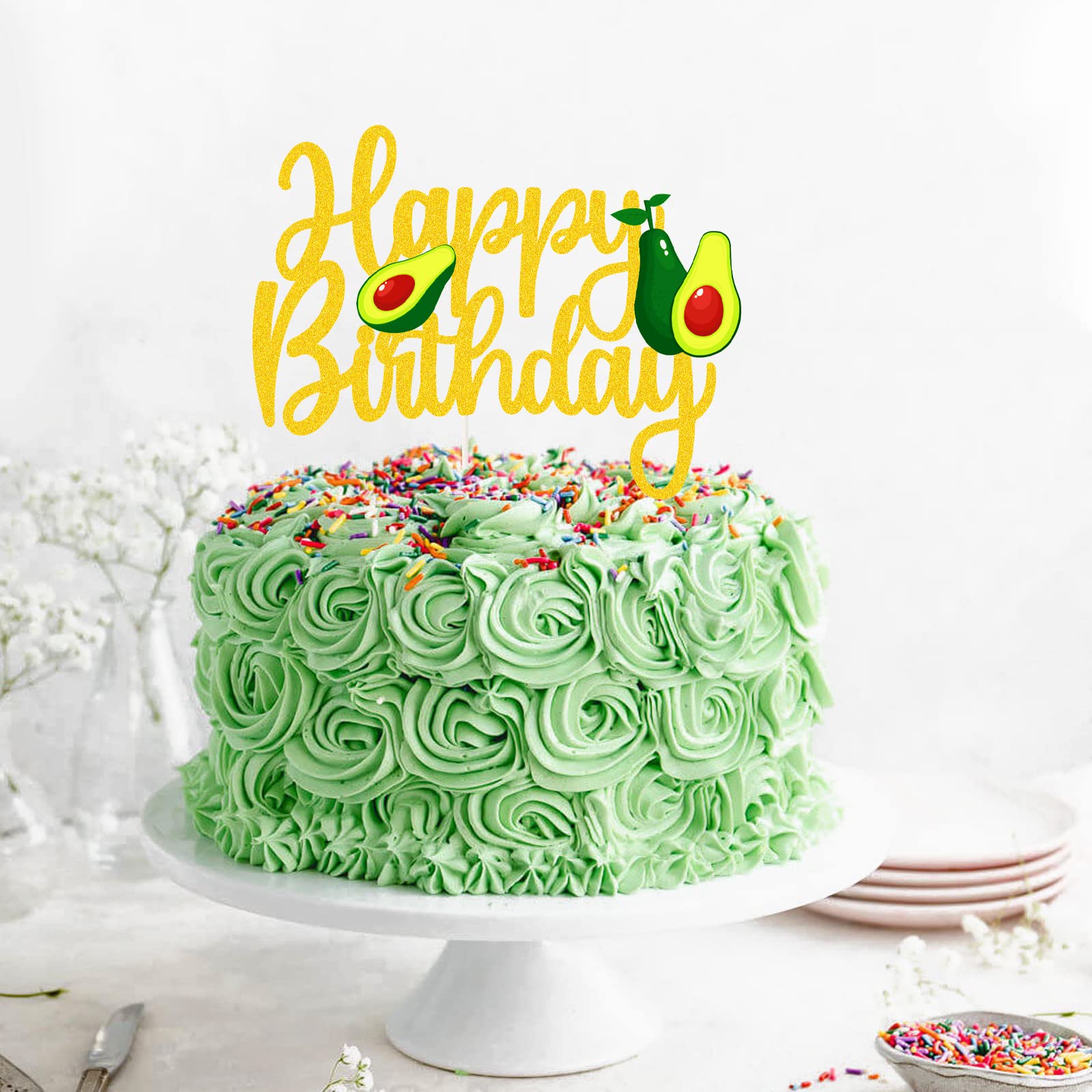 Avocado Happy Birthday Cake Topper - Fruit Themed Baby Shower & Party Decorations - Gold Avocado Cake Topper for Birthday Celebrations, Baby Showers, and Fiesta Parties - Perfect for Cake Decorating and Special Occasions