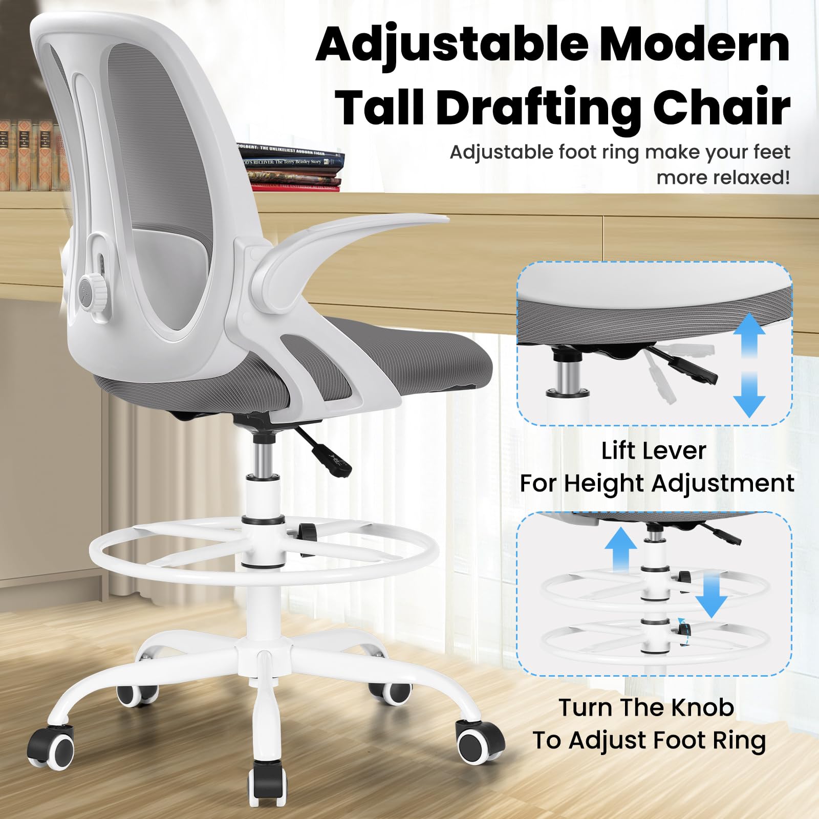 Ergonomic Drafting Chair with Adjustable Lumbar Support & Flip-Up Armrests - Tall Office Stool with Footrest Ring for Standing Desk - Light Gray Executive Computer Chair for Home Office, Studio & Workspace