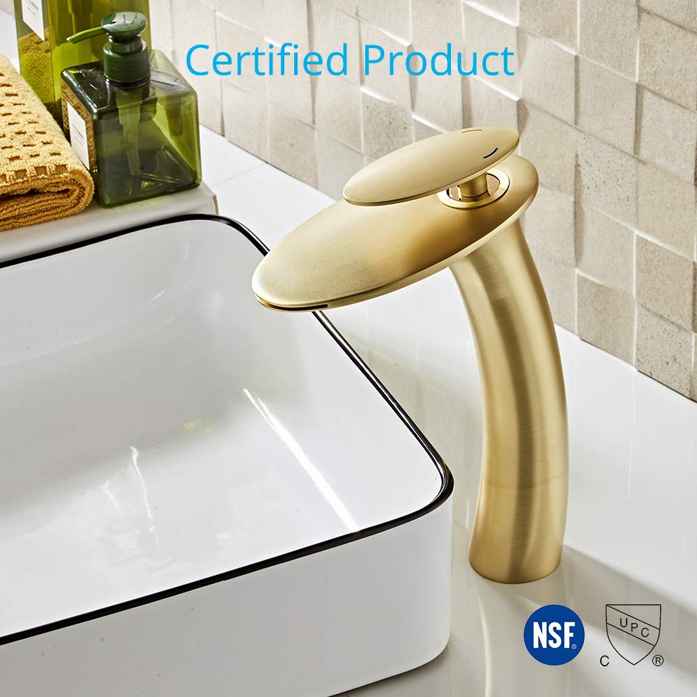 Wovier Brushed Gold Waterfall Bathroom Sink Faucet with Pop-Up Drain - Single Handle Brass Vanity Faucet for Bathroom & Powder Room - Tall Slanted Basin Mixer Tap with Supply Hoses - Perfect for Modern Bathrooms, Guest Suites & Luxury Home Renovations