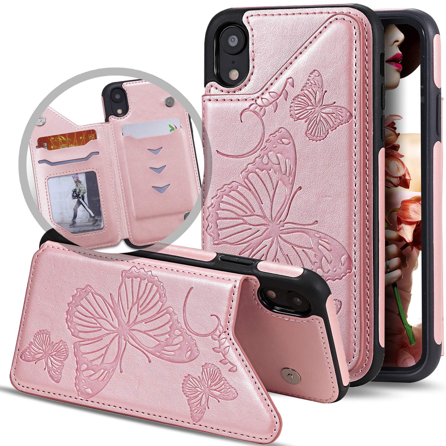 iPhone XS Max Wallet Case with Card Holder - Slim Leather Folio Flip Cover for Women | Butterfly Design, Magnetic Closure, Credit Card Slots & Stand Function | Rose Gold | Perfect for Daily Use, Travel & Hands-Free Viewing