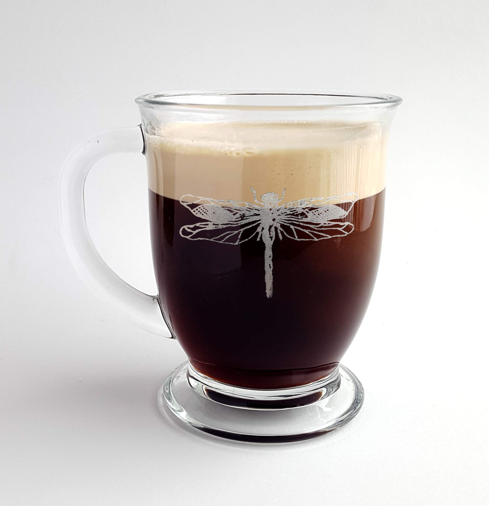 Set of 6 Dragonfly Design Glass Coffee Mugs - 16oz with Free Engraved Personalization | Elegant Drinkware for Home, Office, Restaurant & Gift Giving