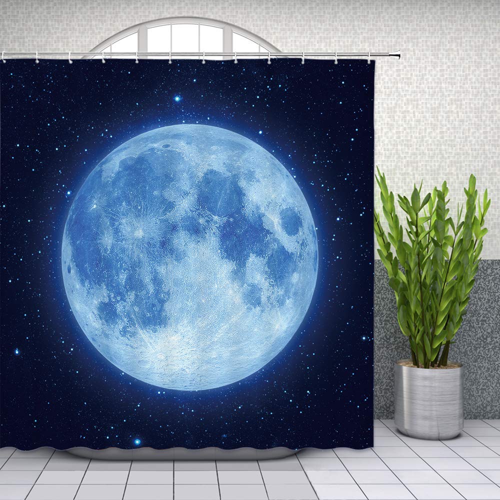 Glowing Moon Shower Curtain - Starry Sky Fantasy Bathroom Decor with Hooks, 70x70 Inch Navy Blue & Black Polyester Fabric for Spa-Like Relaxation