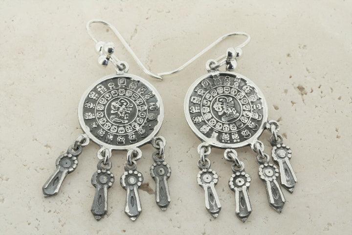 Aztec Calendar Chandelier Earrings - Handmade Boho Tribal Jewelry for Women - Perfect for Festivals, Parties & Ethnic Fashion (Gold/Black)