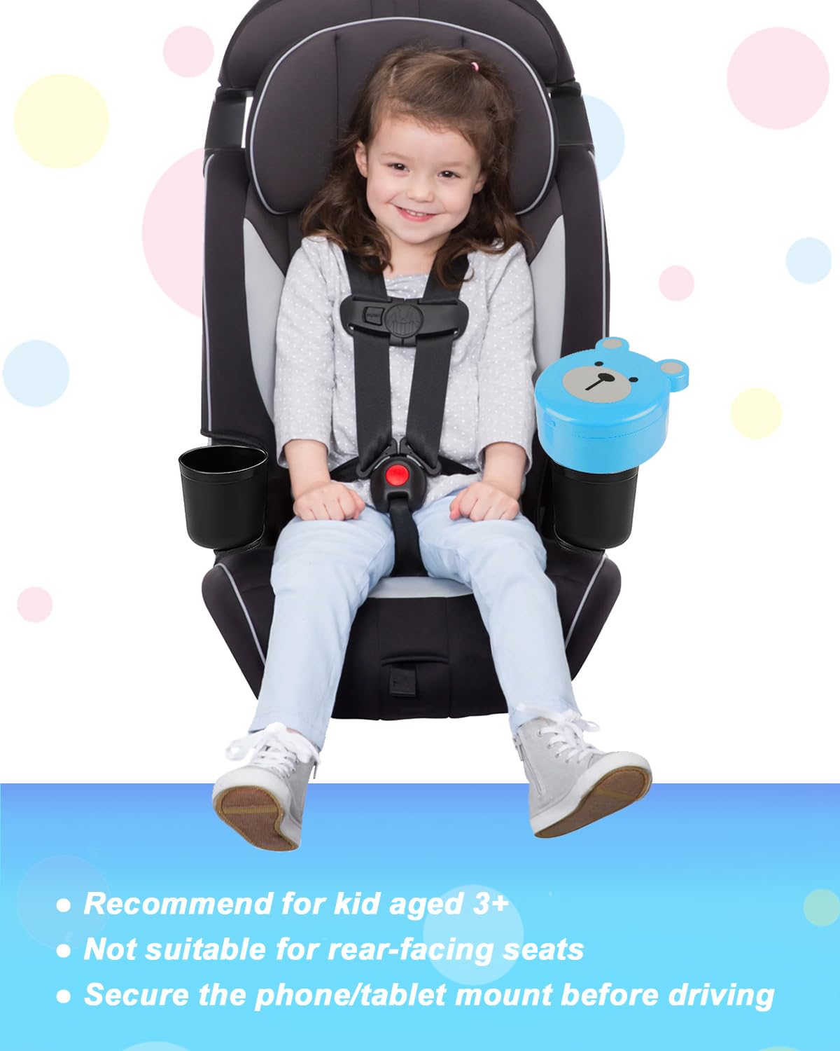 SEVEN SPARTA Adjustable Kids Car Seat Tray with Bear Lid - Tablet & Phone Holder, Snack Tray & Cup Holder - Perfect for Family Travel, Road Trips & Long Car Rides - Car Seat Organizer Accessories (Blue)