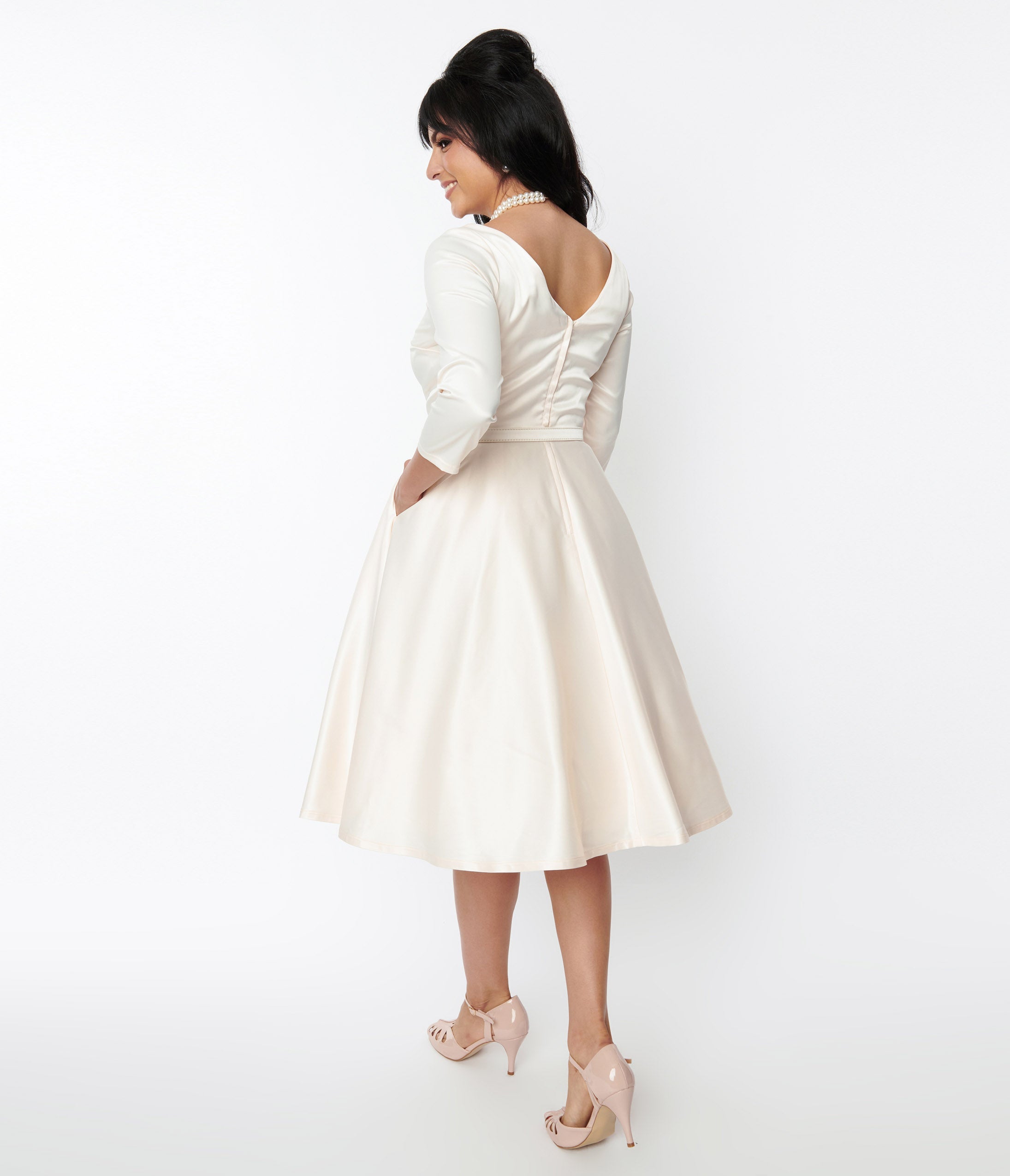 Vintage 1950s Ivory Satin Swing Dress - Retro 50s Style Devon Cocktail Party Dress for Women, Perfect for Weddings, Tea Parties & Vintage-Themed Events