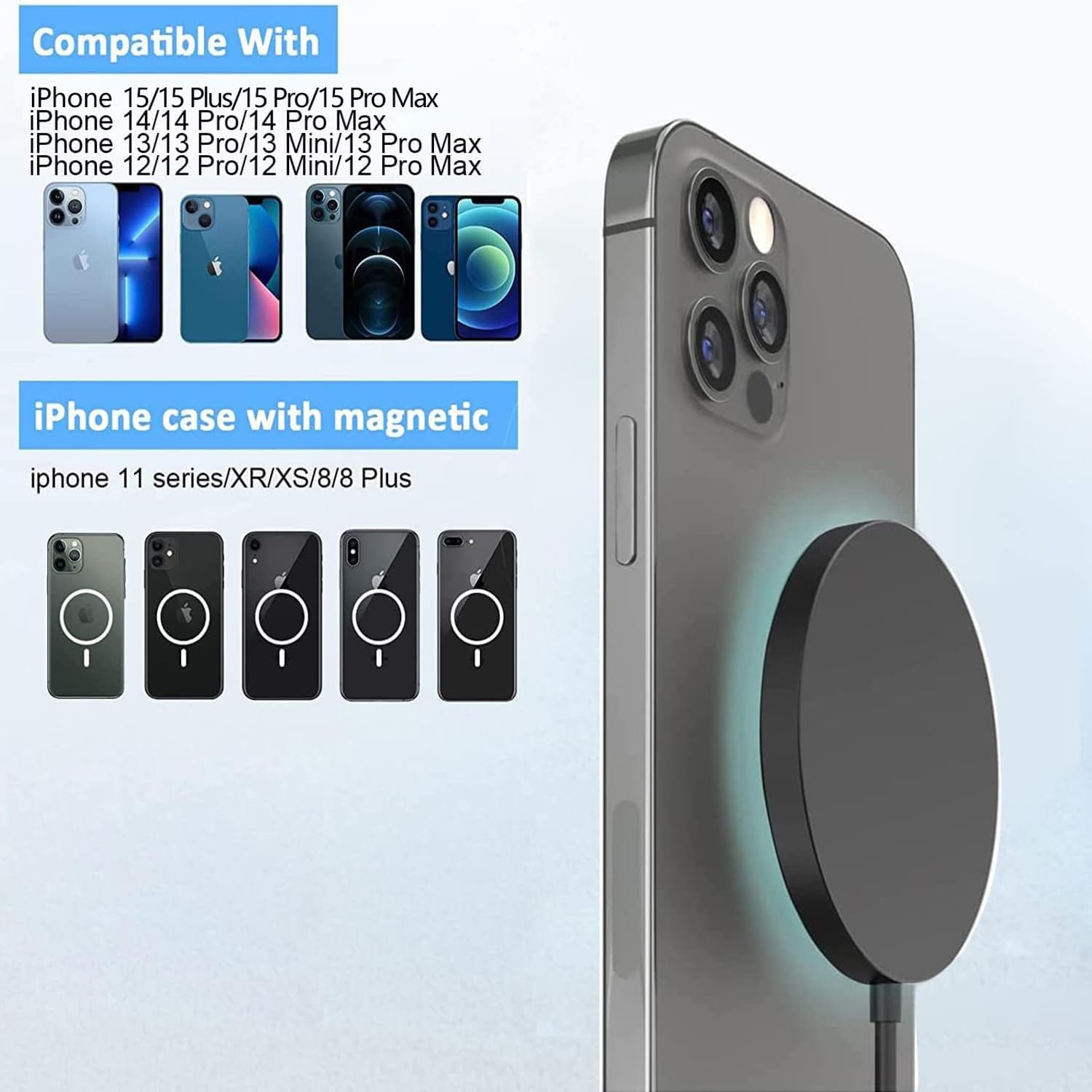 Magnetic Wireless USB-C Fast Charger with Dual Ports - 20W PD Quick Charge for iPhone 15/14/13/12/11 Series & Android - Portable Charging Cable for Home, Office & Travel (Black)