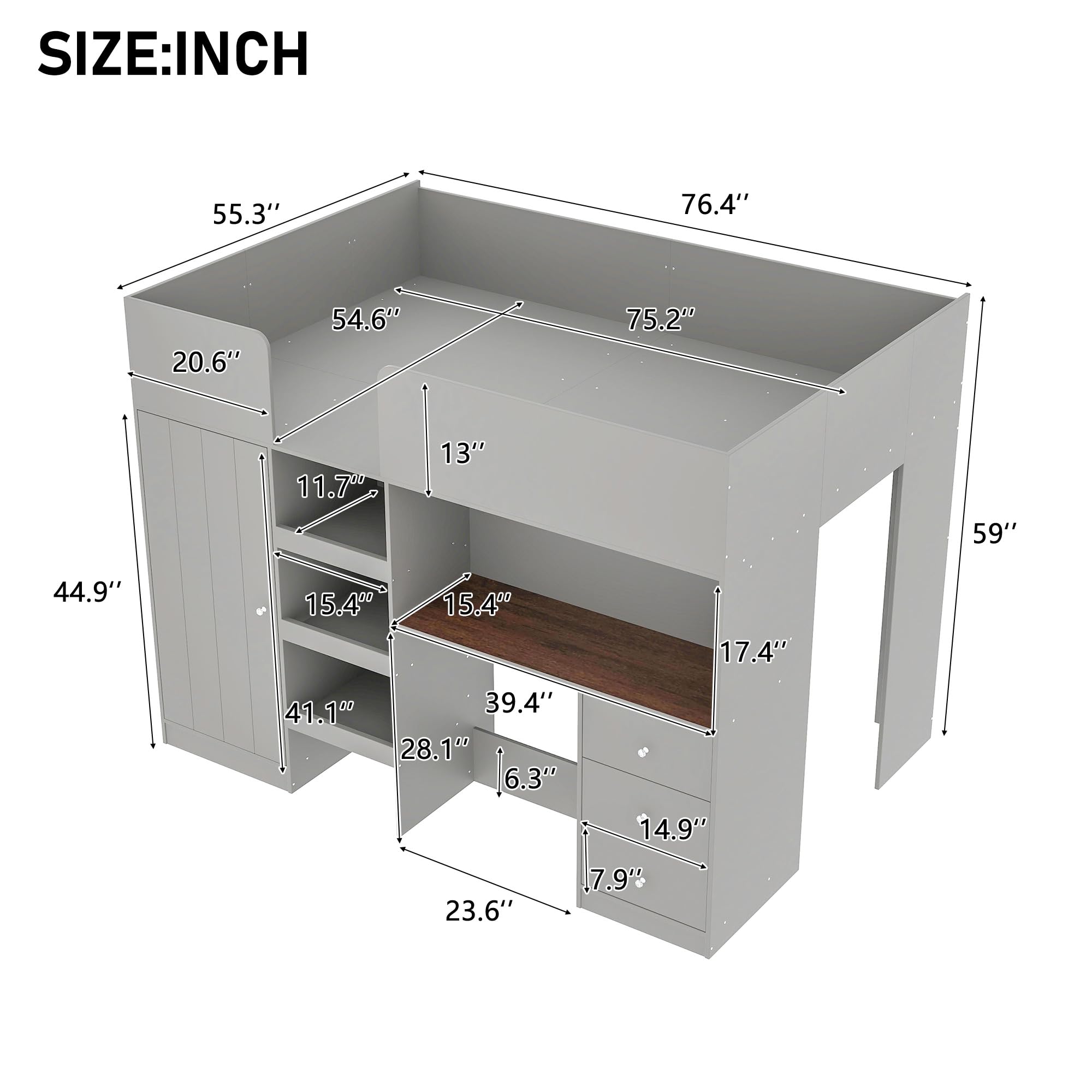 Full Size Loft Bed with Built-in Wardrobe & Desk - Sturdy Wooden Bed Frame with Storage Shelves & Drawers - Space Saving Kids Bedroom Furniture for Boys, Girls & Teens - Easy Assembly - Grey - Perfect for Small Rooms, Dormitories & Shared Spaces