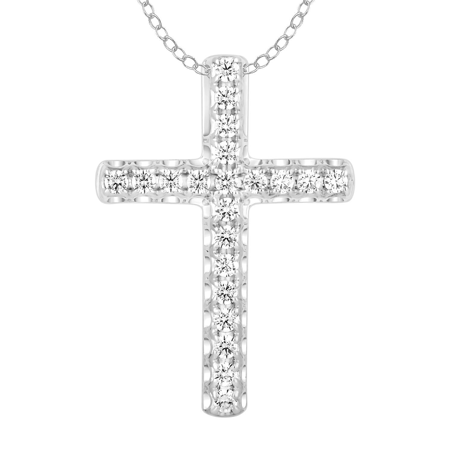 9ct White Gold Diamond Cross Pendant Necklace - 1/4 Carat Diamond Accents with 18