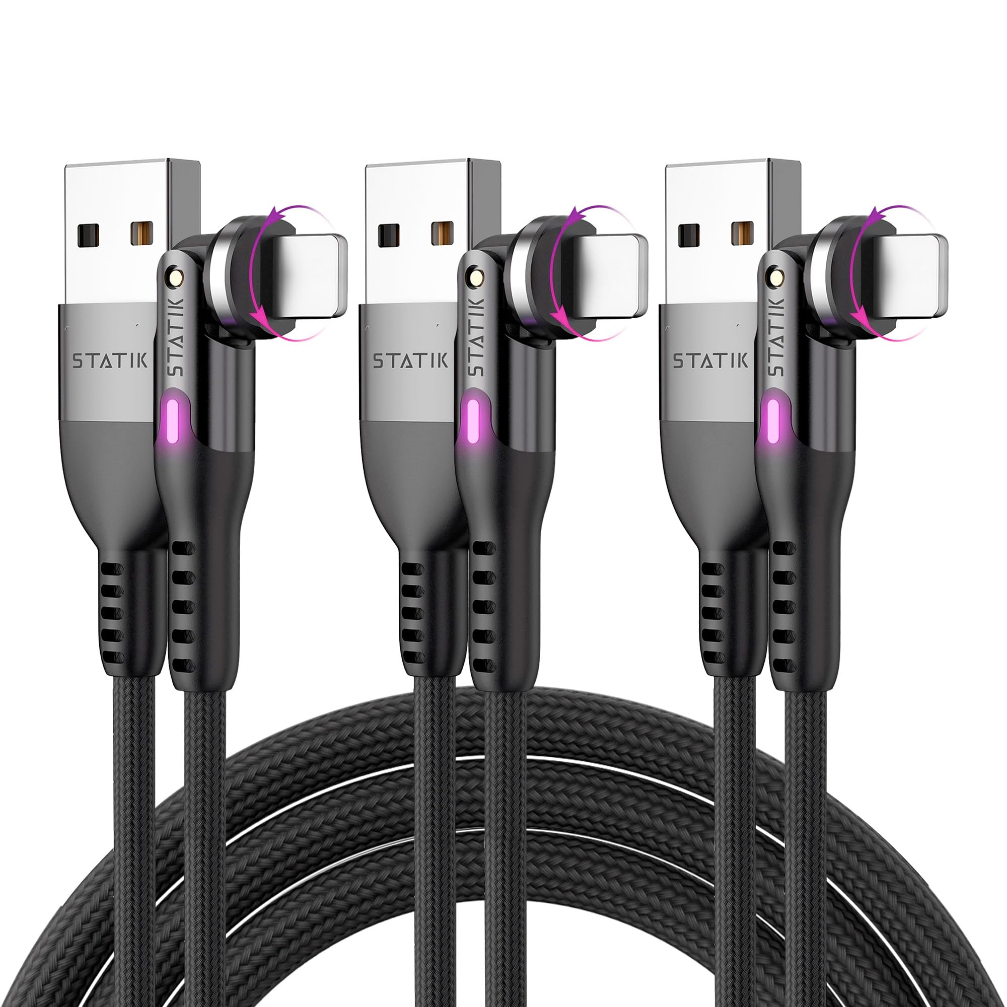 Statik PowerPivot USB to Lightning Cable 10W Fast Charger & Data Sync for iPhone iPad - 360° Rotating Head, 6FT/2M 3-Pack - Perfect for Home, Office & Travel Charging Needs