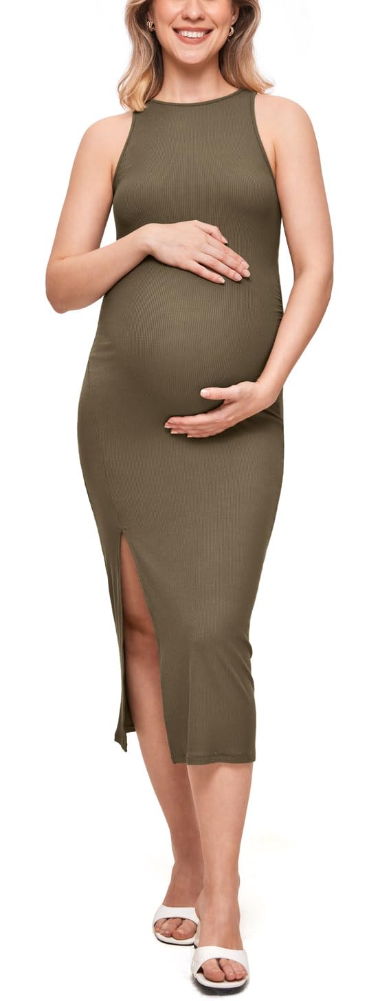 MOMANDA Women's Maternity Dress - Ribbed Sleeveless Bodycon Dress for Pregnancy, Nursing & Baby Shower | Comfortable Stretchy Casual Dress for Expecting Moms (Perfect for Baby Showers, Maternity Photos & Everyday Wear)