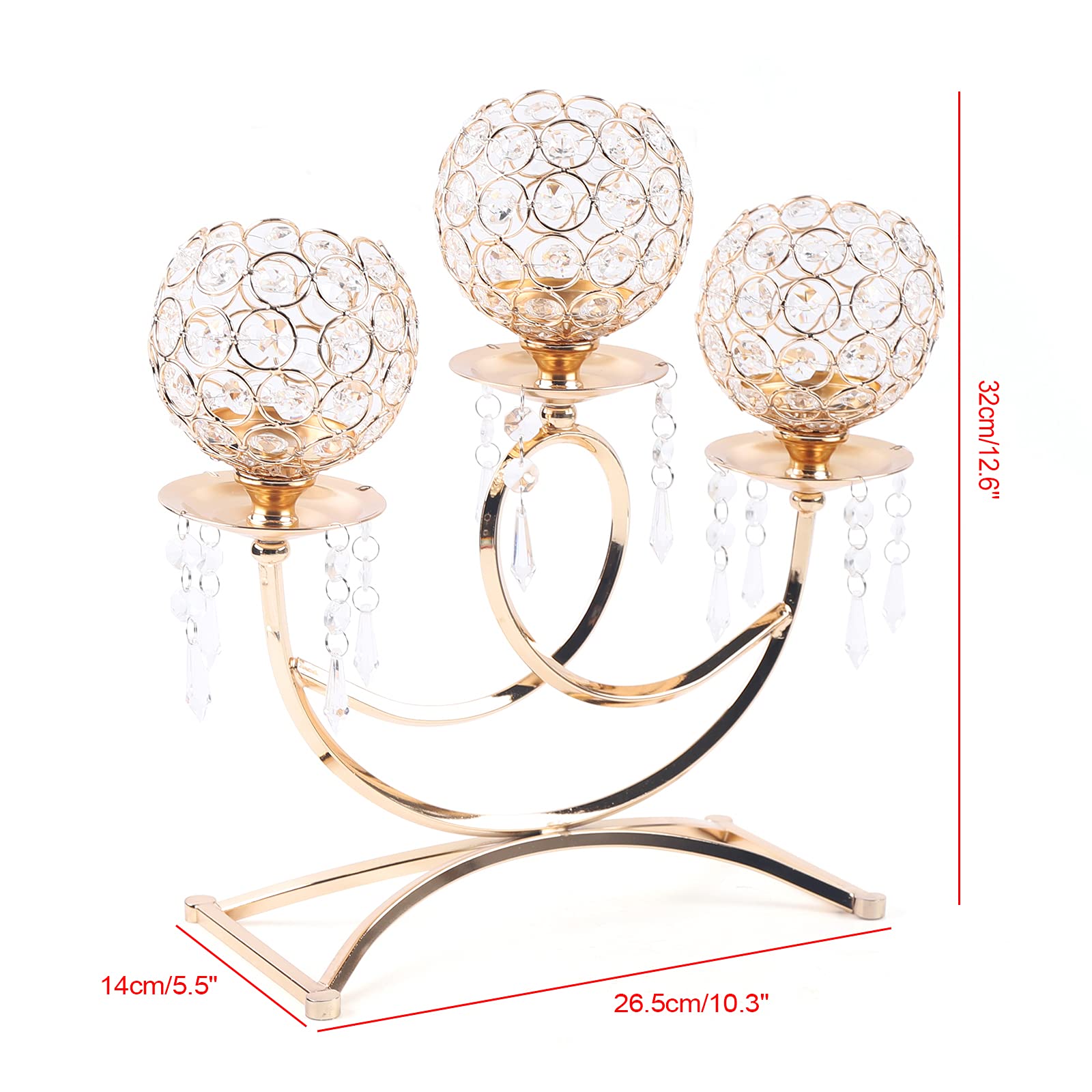 3 Arms Golden Crystal Candle Holder - Elegant Votive Candle Stand for Wedding Banquet, Dinner Table, Fireplace & Halloween Decor - Perfect Centerpiece for Romantic Tea Light Candles & Holiday Gift Giving