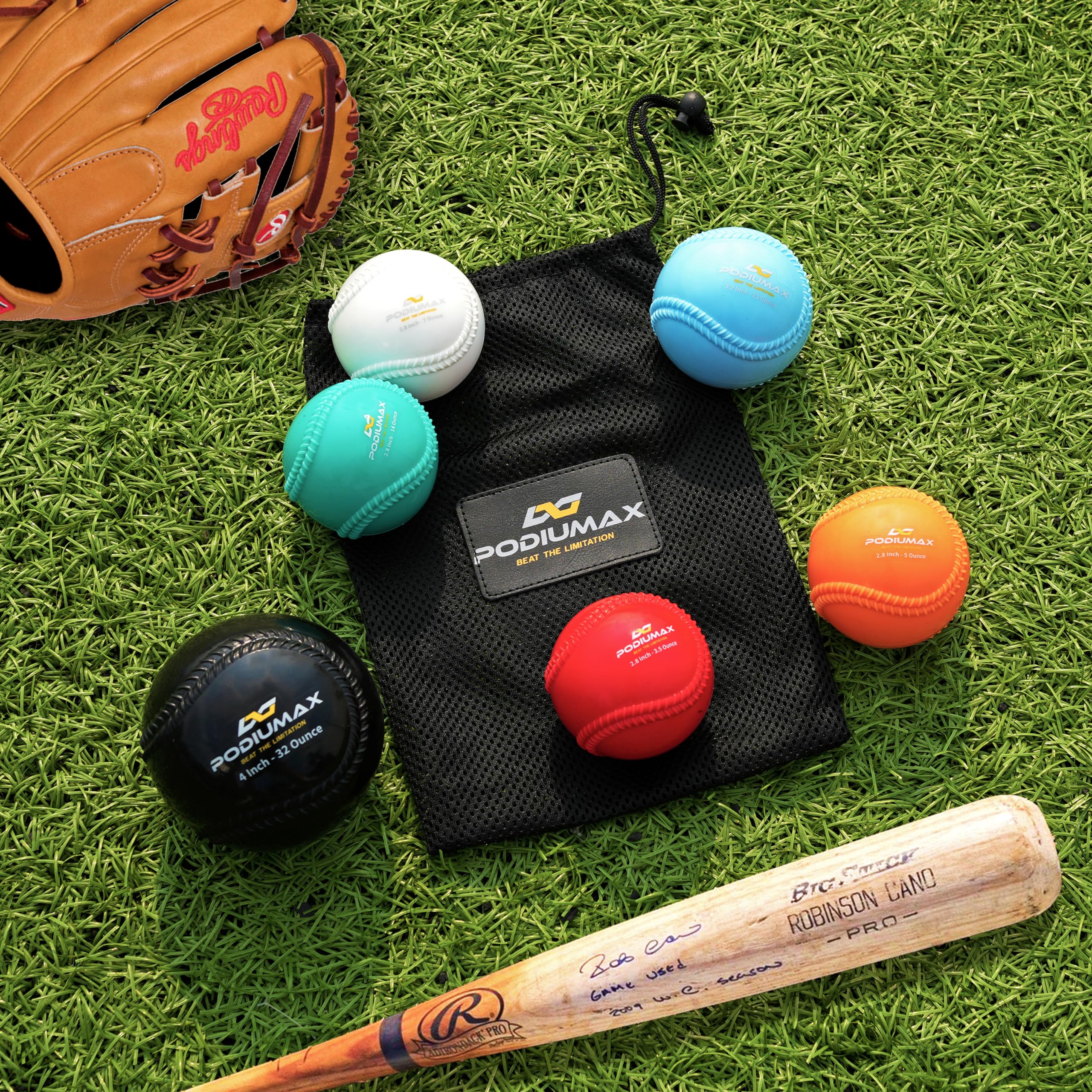 PodiuMax 6-Pack Plyometric Weighted Baseballs (32oz, 21oz, 14oz, 7oz, 5oz, 3.5oz) - Training Balls for Baseball & Softball Hitting, Pitching & Strength Drills - Perfect for Home, Gym & Field Practice