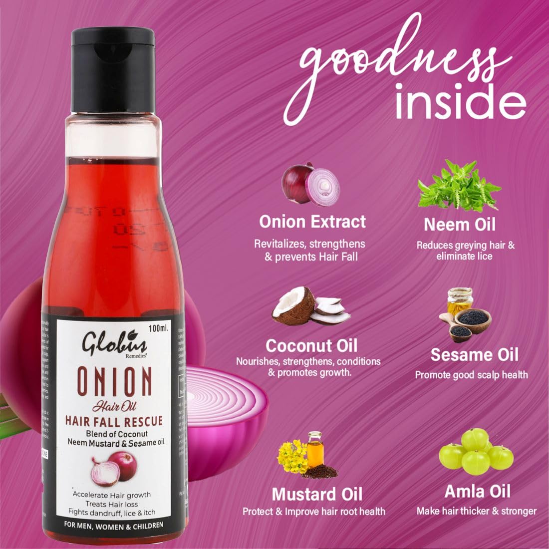 Globus Remedies Onion Hair Oil for Hair Growth & Fall Control - Anti Dandruff Treatment with Natural Shine & Strength Boost (100ml) - Perfect for Daily Hair Care & Scalp Nourishment