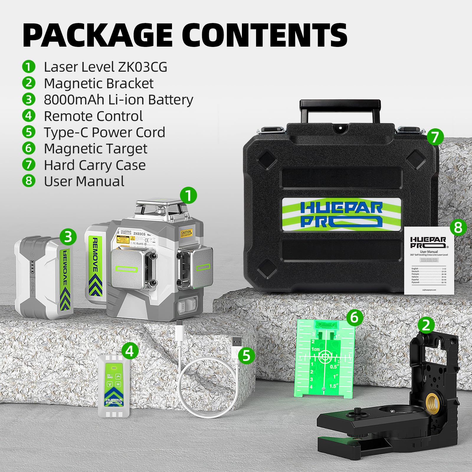 HueparPro 360 Self-Leveling Green Laser Level - 3 x 360° Cross Line Laser with 8000mAh Battery & Hard Case for Construction, Picture Hanging, Tile Installation & DIY Projects