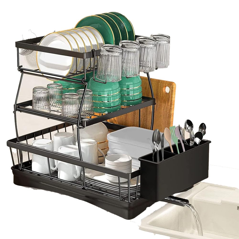 **Prakal 3-Tier Dish Drying Rack - Large Capacity Kitchen Countertop Organizer with 360° Rotating Drain, Chopstick Holder, Cup Holder & Cutting Board Stand | Perfect for Small Spaces, Dish Drainer, Utensil Storage**