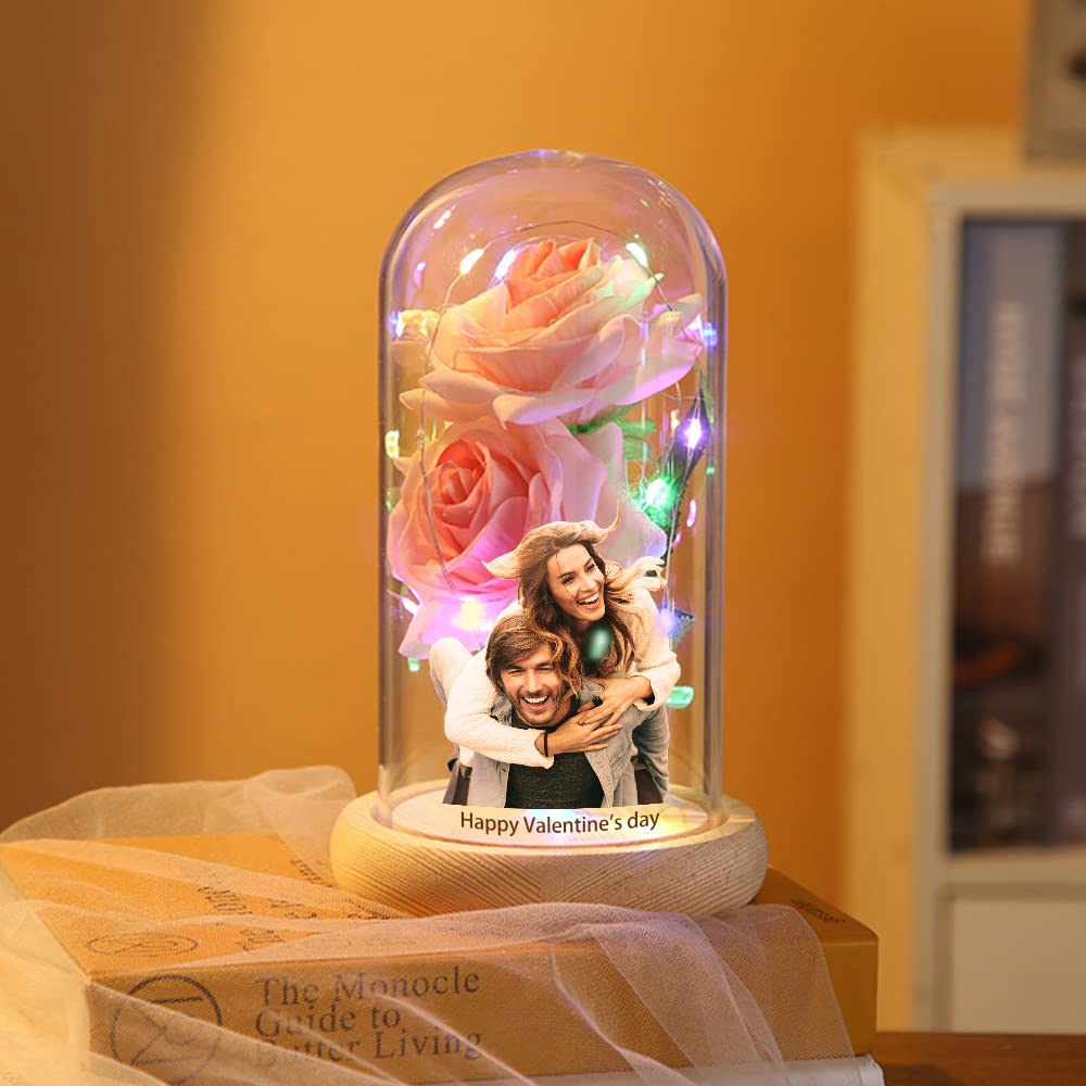 Custom Photo Text Red Silk Eternal Rose in Glass Dome with LED Light & Wood Base - Valentine's Day Home Decor, Anniversary Gift for Wife, Romantic Preserved Flower for Wedding, Birthday & Special Occasions