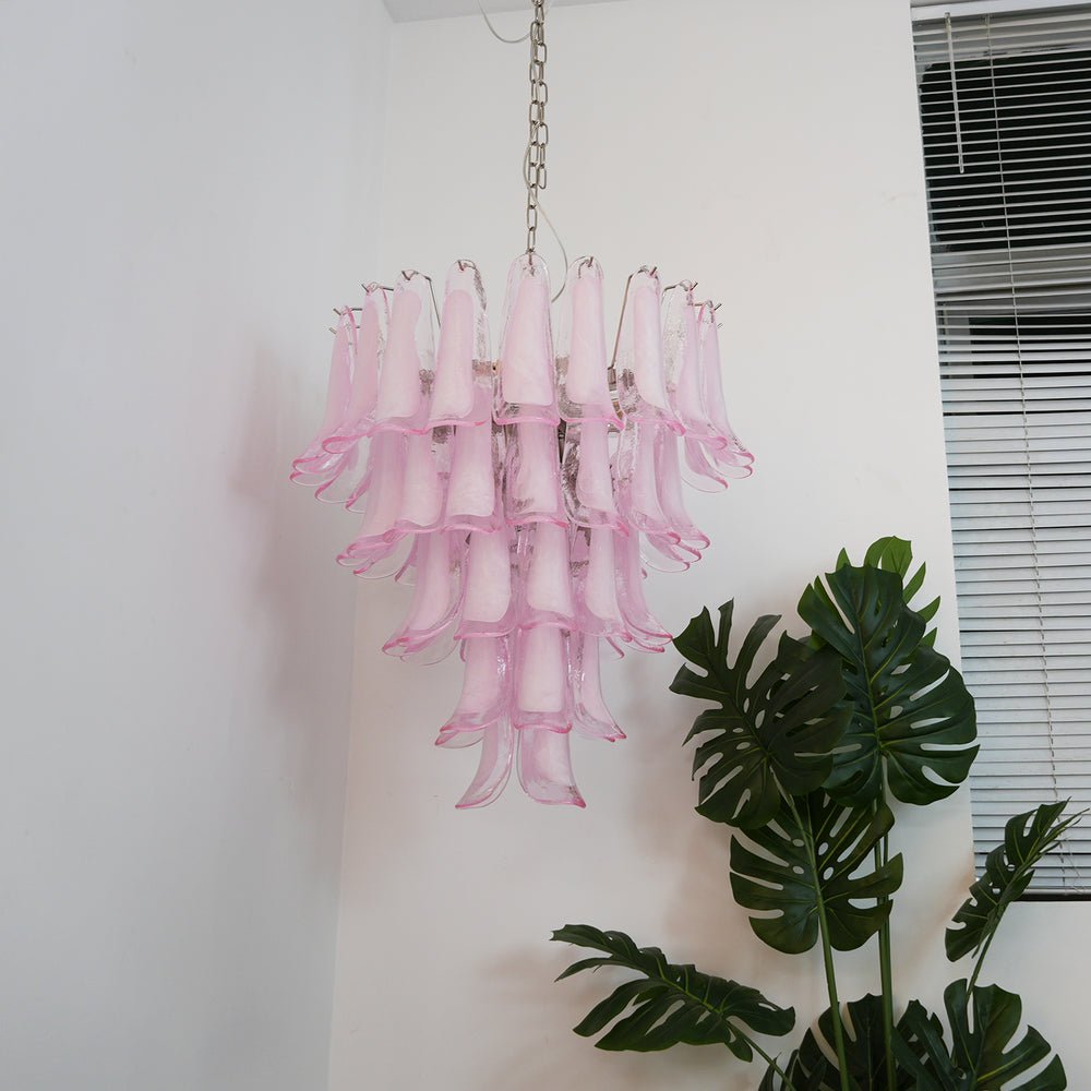 Murano Pink Glass Petals Chandelier - Elegant Venetian Crystal Ceiling Light for Dining Room, Bedroom & Living Room Decor