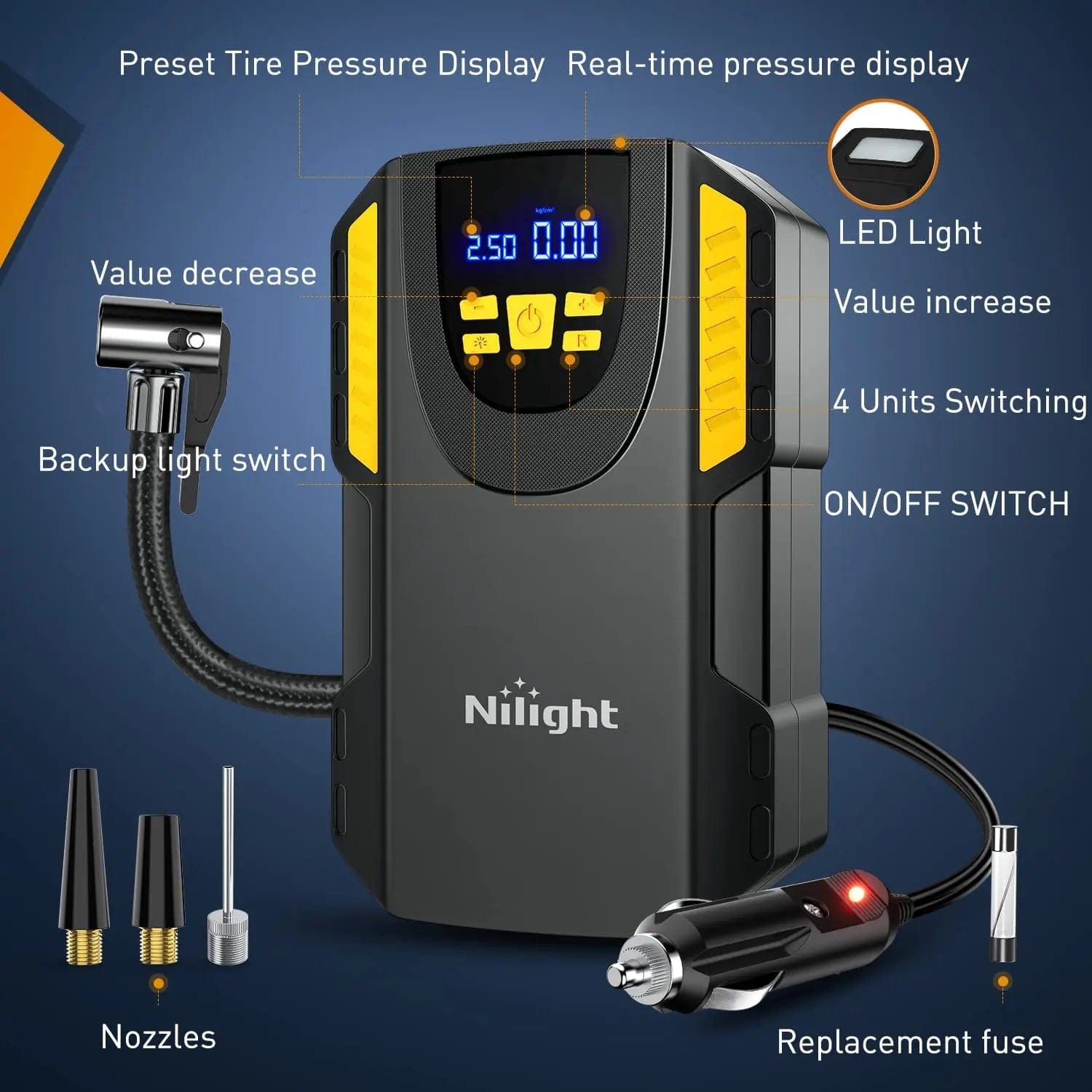 Portable Tire Inflator with Auto Shut Off - 150PSI Digital Air Compressor Pump for Cars, Bikes & Sports Equipment - Perfect for Road Trips, Emergency Use & Home Garage