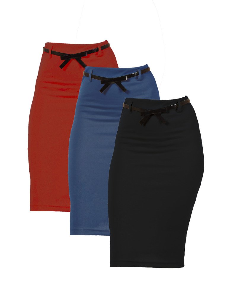 Dinamit Jeans 3 Pack Women's High Waist Below Knee Pencil Skirt - Stretchy Slim Fit Denim Skirts for Work, Office & Casual Outfits
