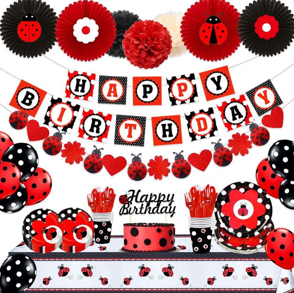 Ladybug Birthday Party Decorations Set - Cute Ladybug Theme Balloons, Banner, Plates, Napkins, Cups, Forks, Knives, Spoons & Cake Topper - Red & Black Ladybird Party Supplies for Kids Birthday, Baby Shower & Themed Events
