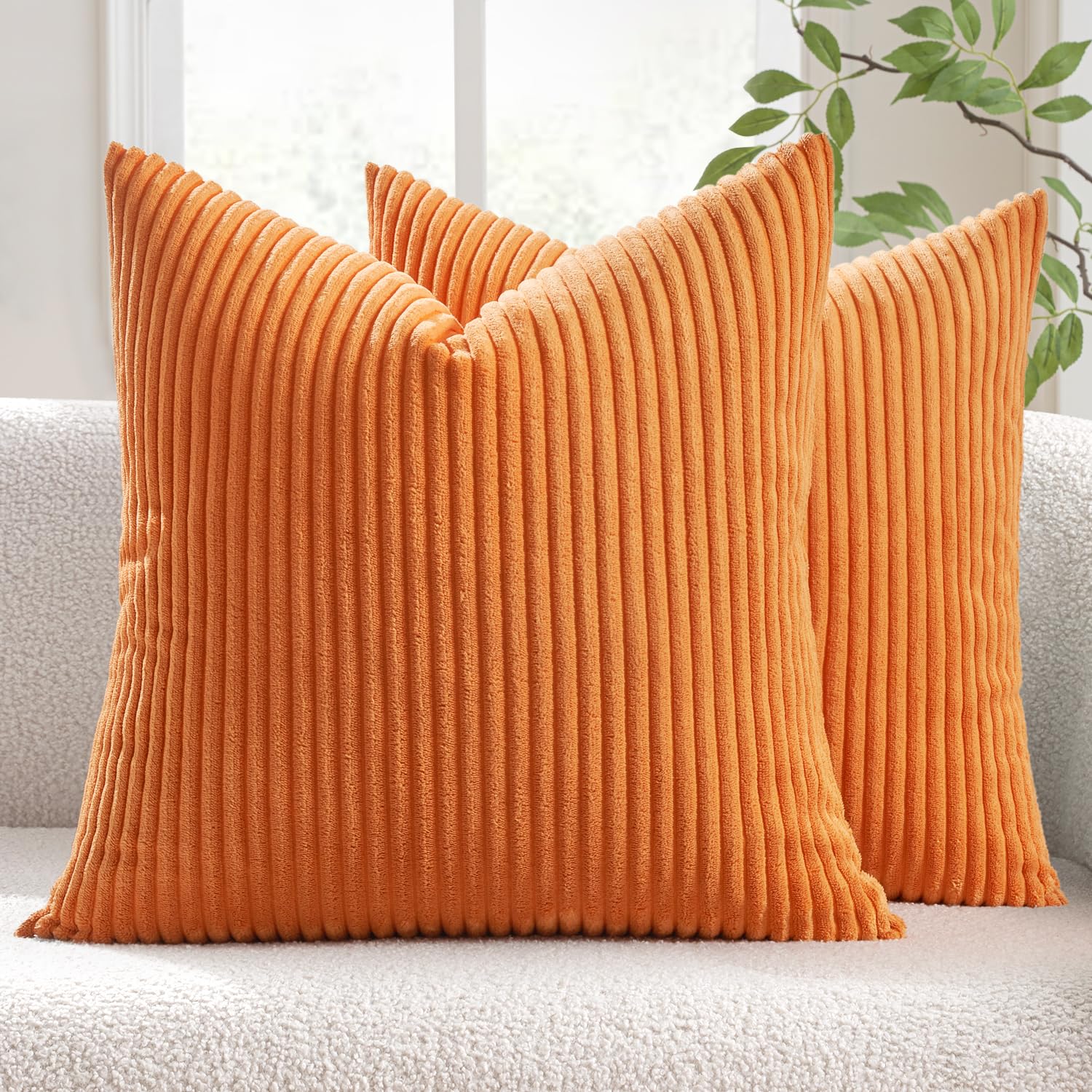 MIULEE Pack of 2 Orange Boho Striped Corduroy Pillow Covers 20x20 Inch - Soft Decorative Square Cushion Cases for Sofa, Bedroom & Couch - Perfect for Home Decor, Living Room Accents and Cozy Throw Pillow Covers