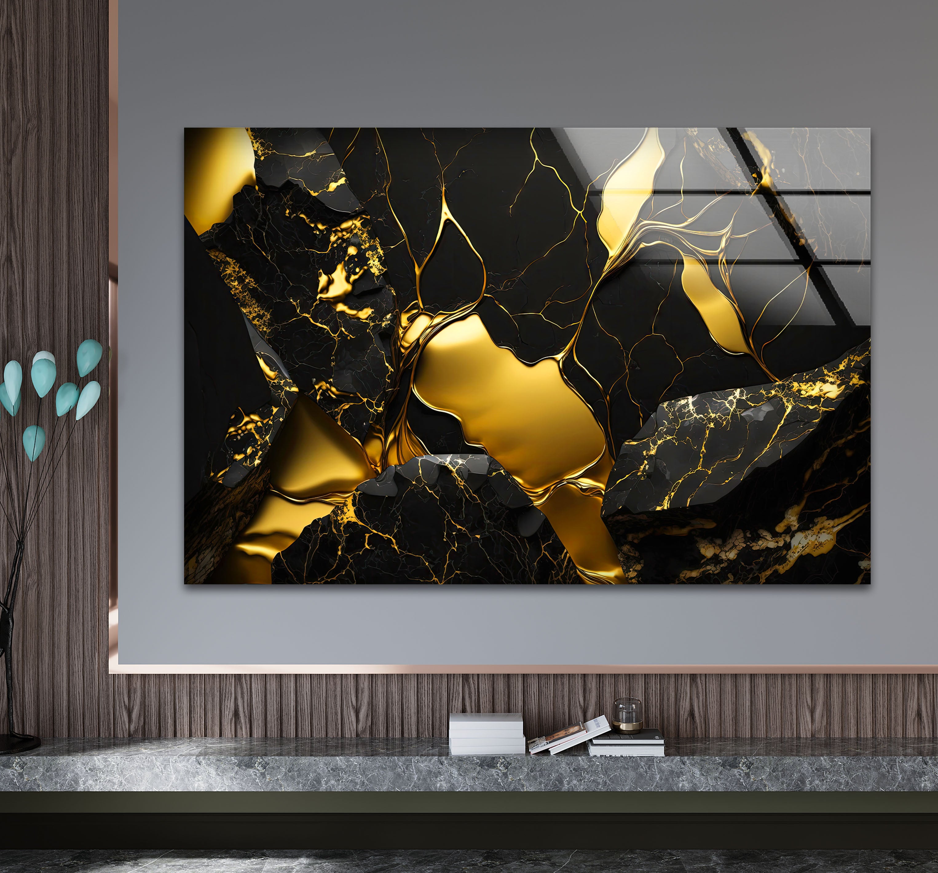 Black and Gold Abstract Wall Art - Modern Glass Print with Luxury Shine for Living Room, Bedroom & Office Decor | Elegant Home Wall Decorations