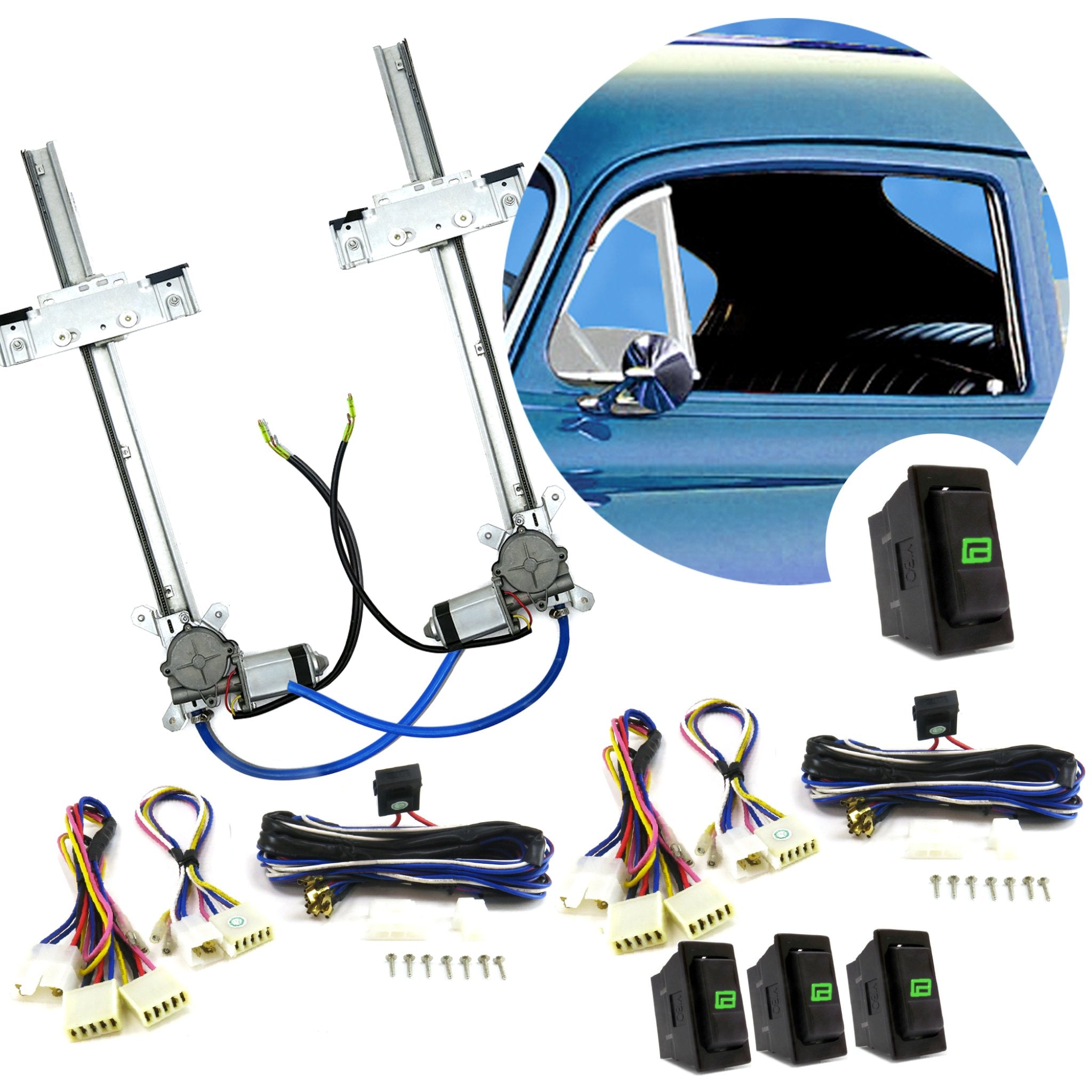 1904 Cadillac Model B 2 Door Power Window Conversion Kit - Flat Glass with Switches & Wiring Harness - Easy Installation for Classic Car Restoration - Perfect for Vintage Auto Enthusiasts and Show Car Upgrades