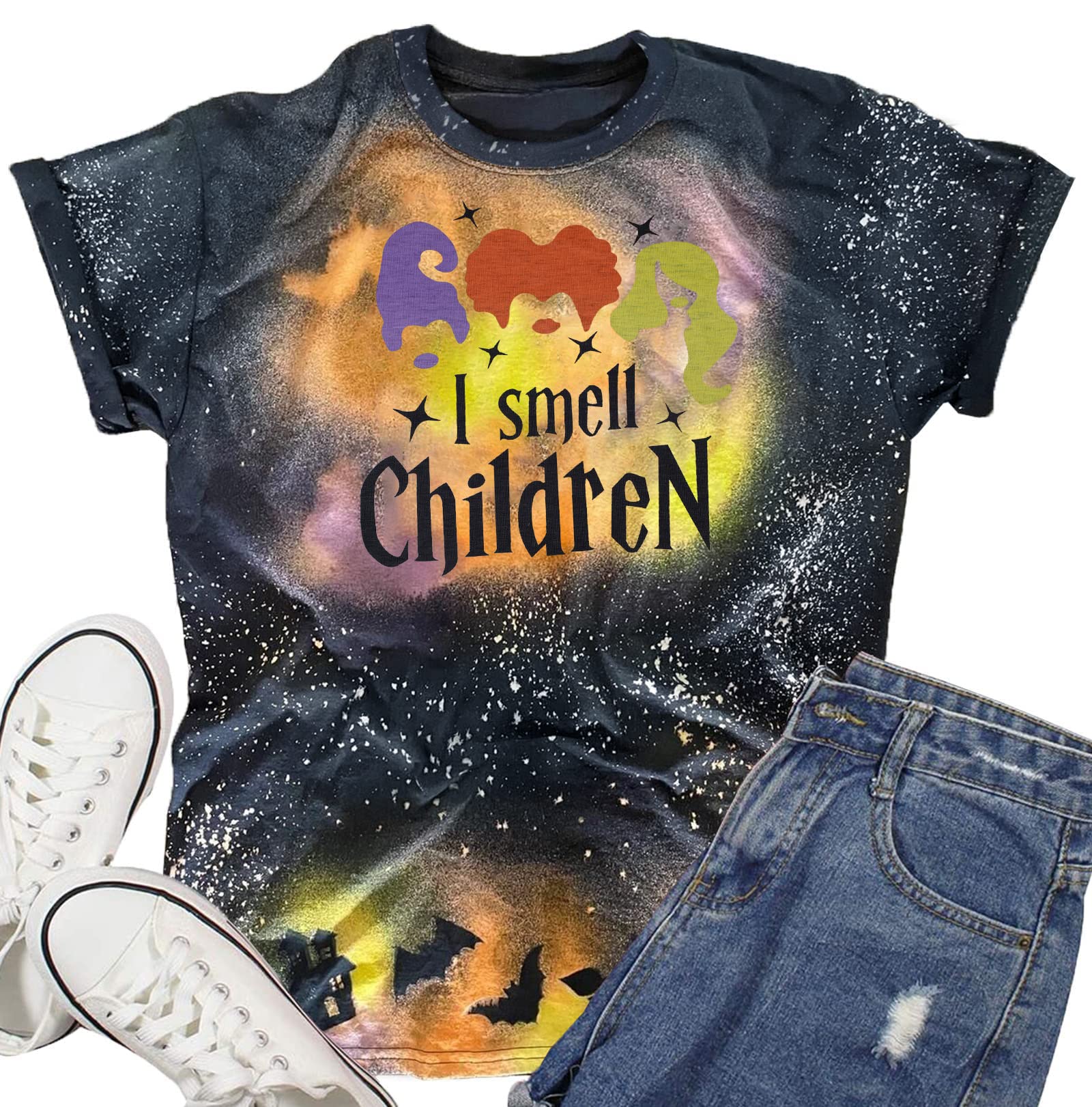 FLOYU Women's Halloween T-Shirt - Sanderson Sisters Hocus Pocus Inspired 'I Smell Children' Casual Tee | Perfect for Halloween Costumes, Themed Parties & Witchy Outfits