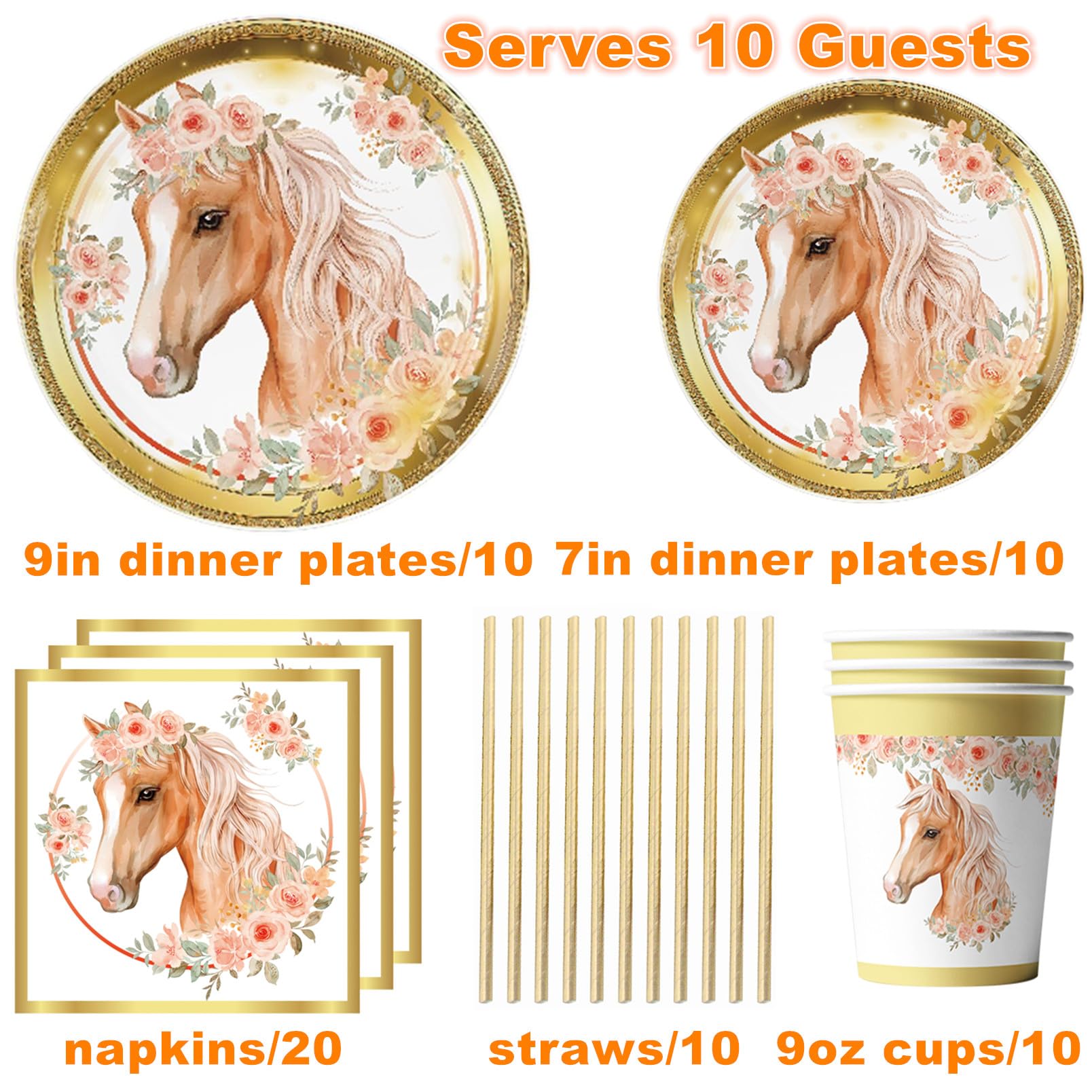 **Horse Birthday Party Supplies Set - Gold Horse Themed Plates, Cups, Napkins & Straws for Baby Shower & Birthday Decorations | Perfect for Kids' Parties & Themed Events**