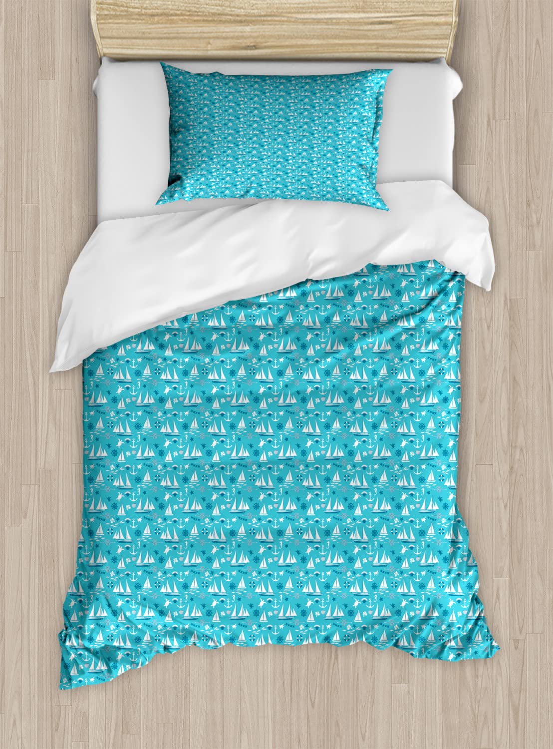 Ambesonne Sailboat Duvet Cover Set King Size 2-Pack - Underwater Ocean Theme with Turtles, Seahorses, Shells & Boats - Petrol Blue Turquoise Bedding Includes 2 Duvet Covers & 4 Pillowcases - Perfect for Nautical Themed Bedrooms, Beach House Decor or Kids' Room