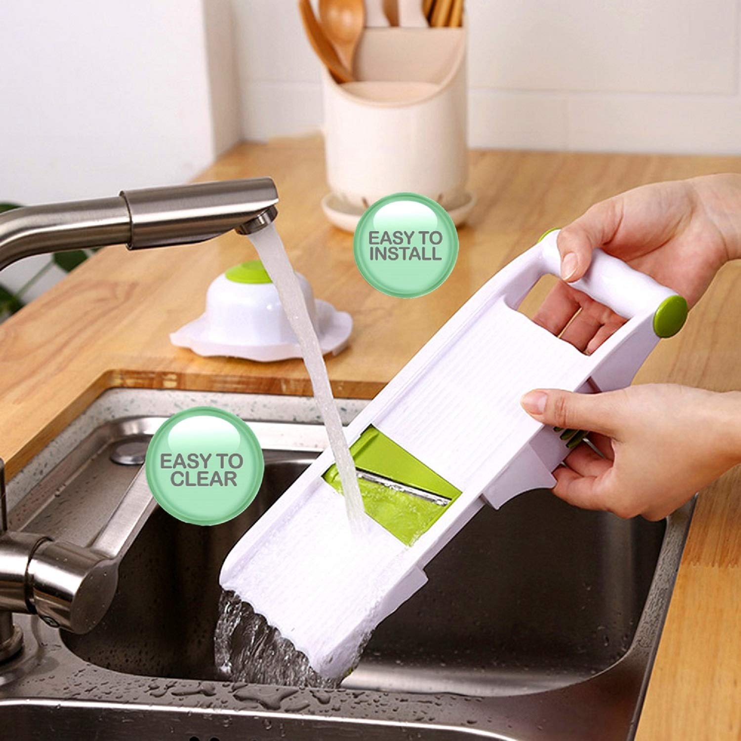 Adjustable Mandoline Slicer for Vegetables & Fruits - Stainless Steel French Fry Cutter, Crinkle Waffle Slicer, Julienne Grater with Garlic Grinder (White) | Perfect for Meal Prep, Salad Making & Healthy Cooking