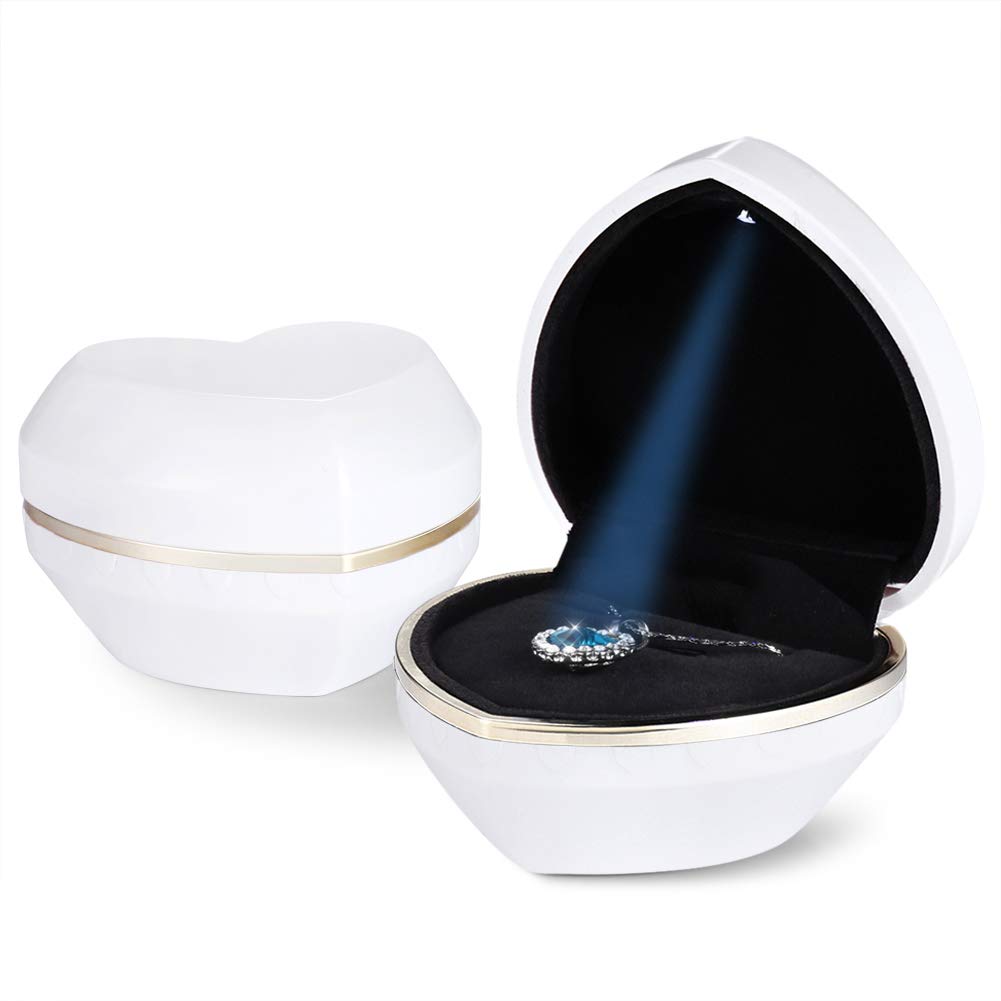 LED Heart Shaped Jewelry Gift Box - Elegant Velvet Ring Display Case with Lights for Diamond Pendant Necklace | Perfect for Wedding Proposals, Engagement Gifts & Valentine's Day Presents (White)